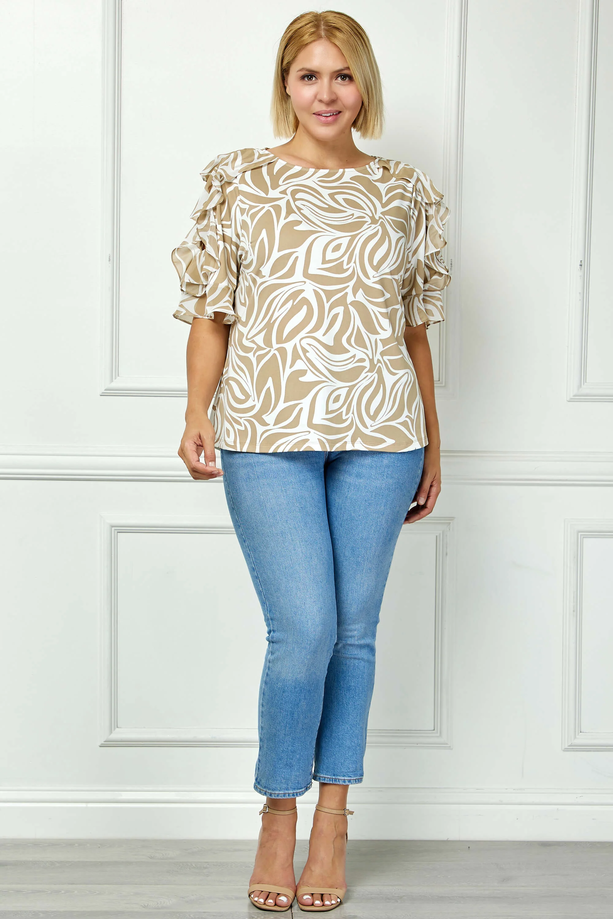 Ruffle Cold Shoulder Scoop Neck Blouse - Plus - Beige - Image 4
