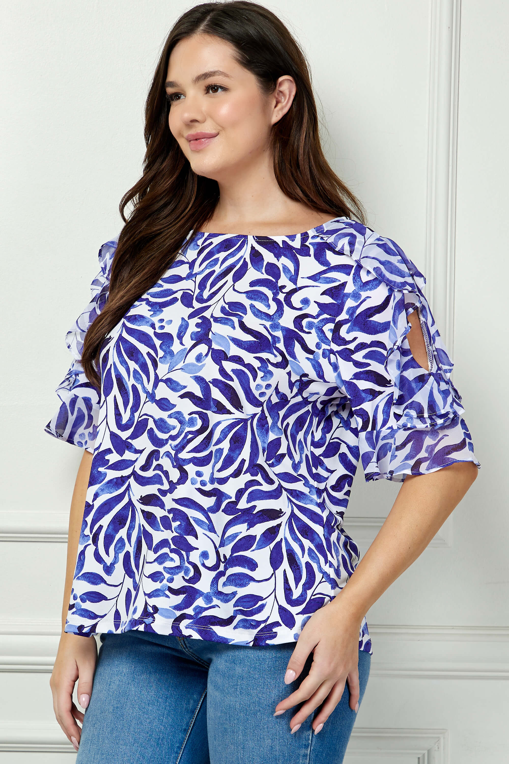 Ruffle Cold Shoulder Scoop Neck Blouse - Plus - Navy - Image 3