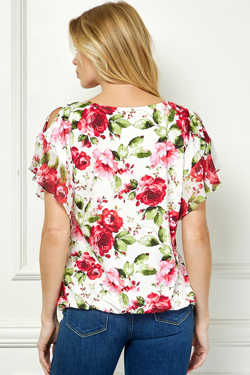 Ruffle Cold Shoulder V-Neck Blouse - Ivory/Red - Image 2