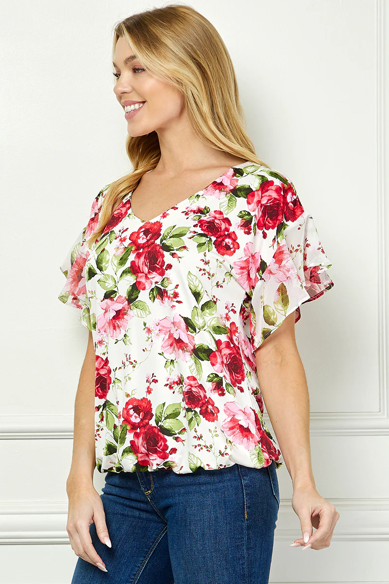 Ruffle Cold Shoulder V-Neck Blouse - Ivory/Red - Image 3