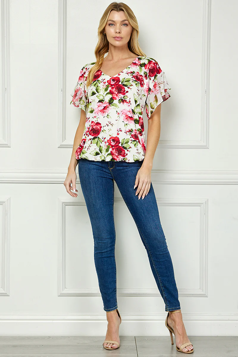Ruffle Cold Shoulder V-Neck Blouse - Ivory/Red - Image 4