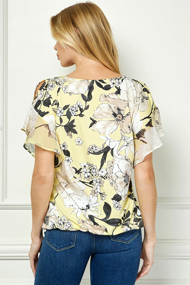 Ruffle Cold Shoulder V-Neck Blouse - Yellow - Image 2