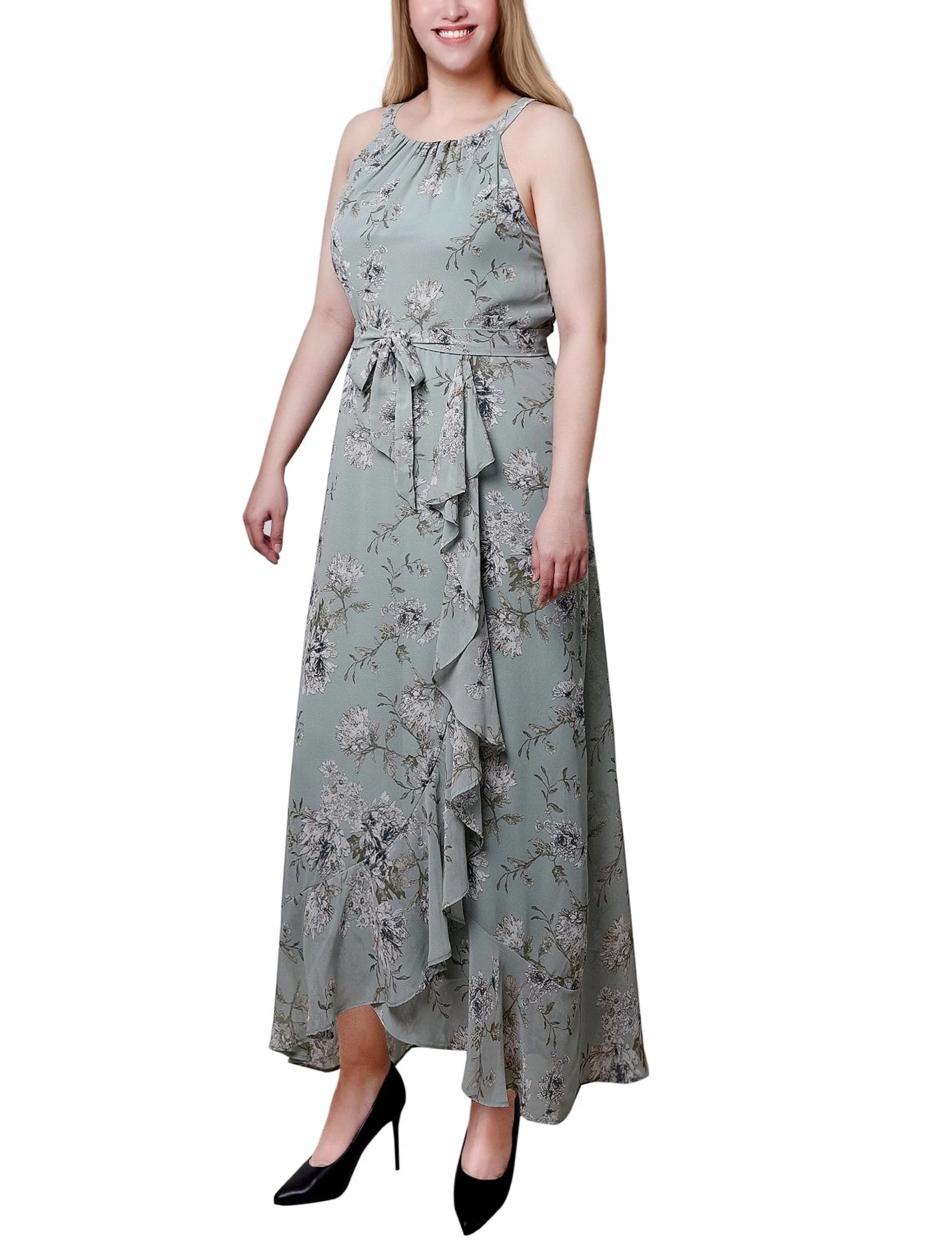 Sage Ivory Floral Halter Front Chiffon Maxi Dress - Petite - Image 2