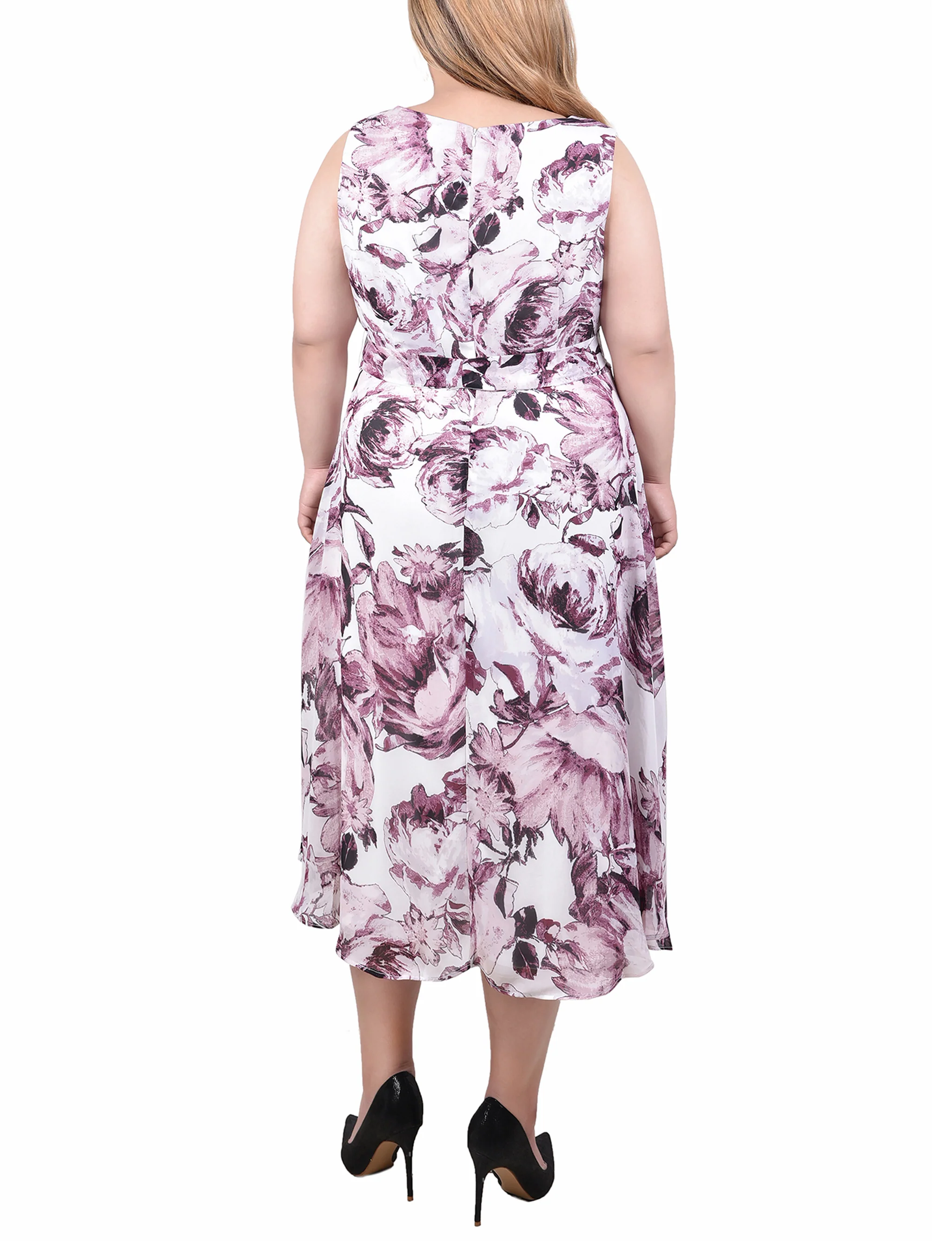 Sage Mauve Floral Sleeveless Chiffon Belted Dress - Plus - Image 3