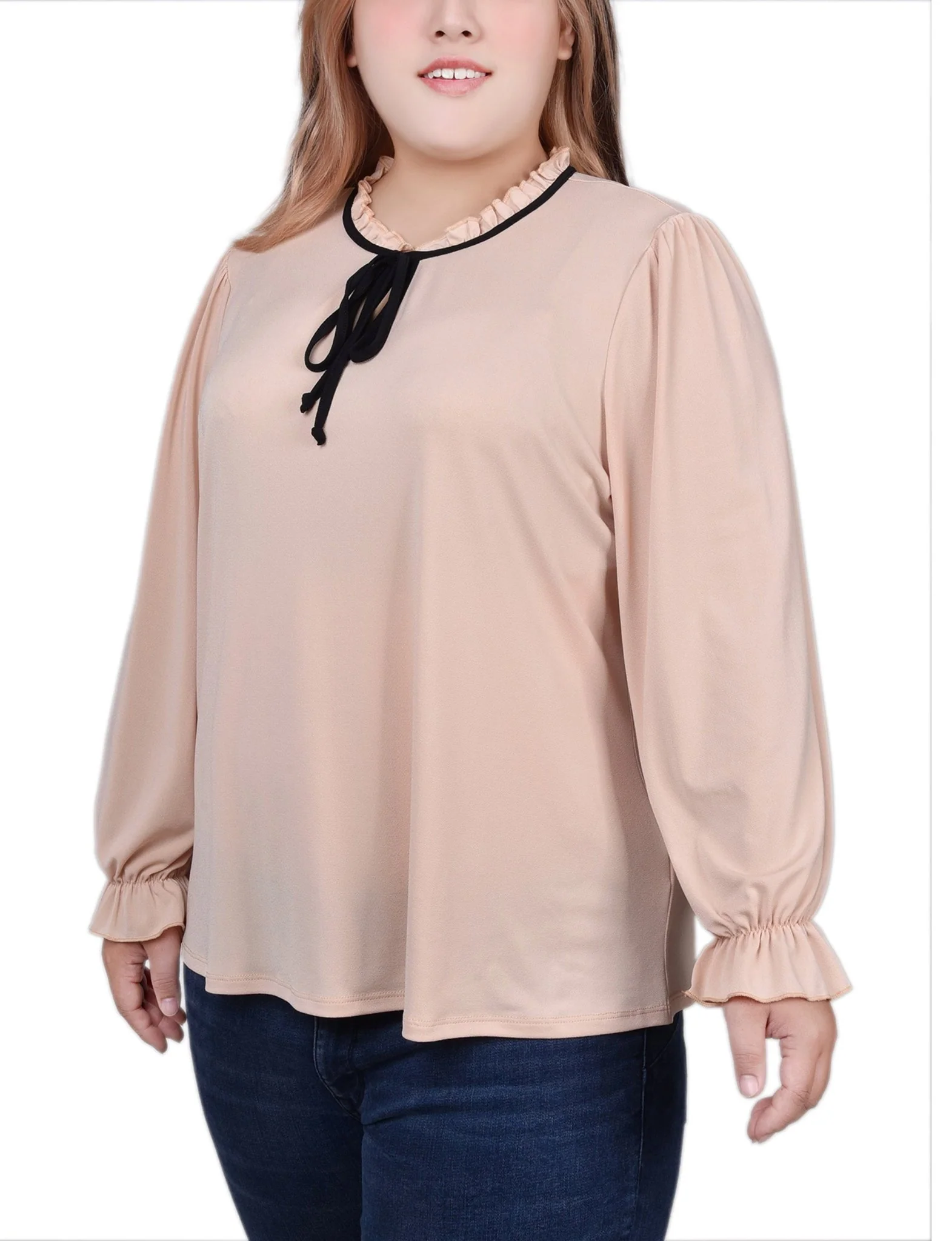Semolina Black Long Sleeve Tie Neck Top - Plus - Image 2