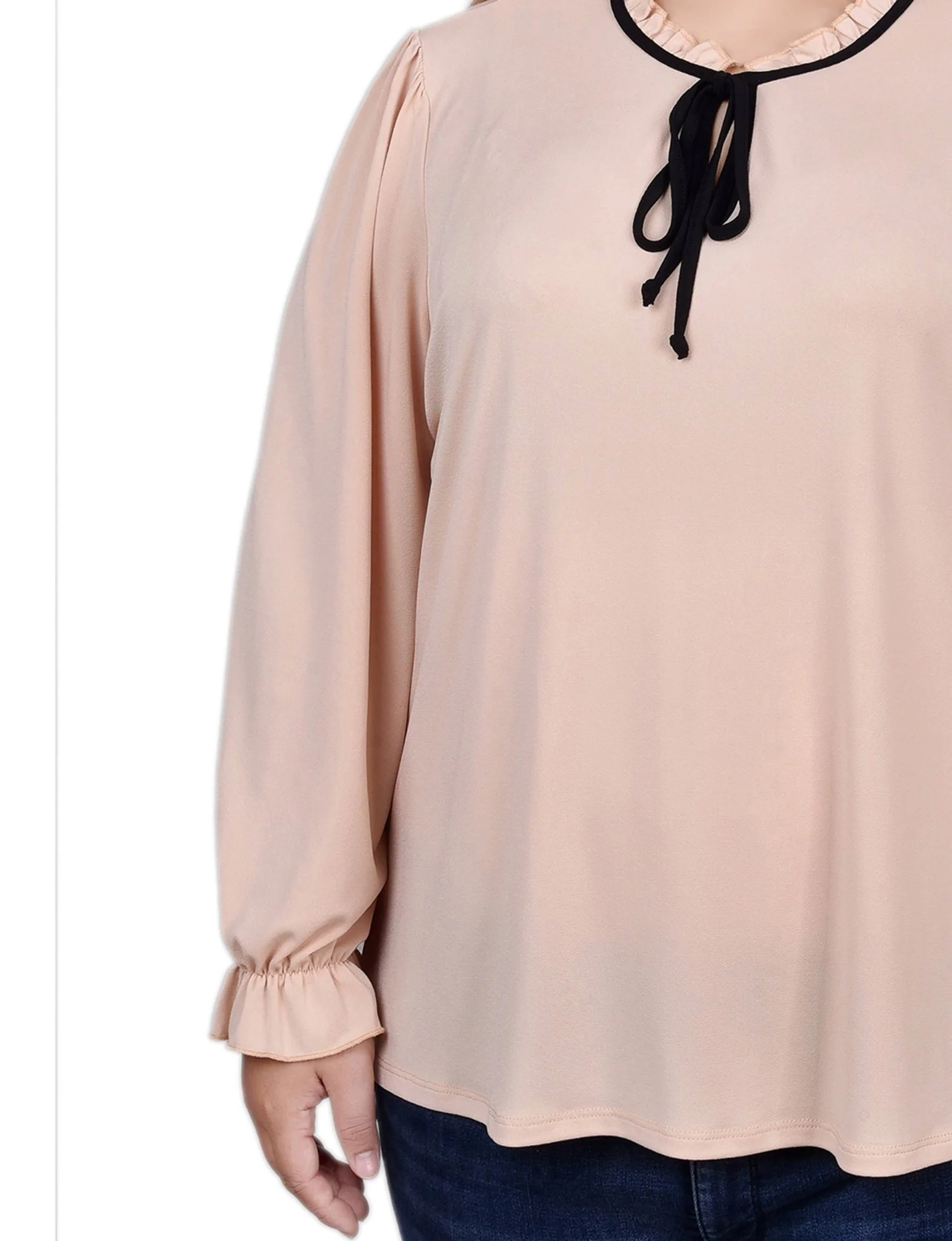 Semolina Black Long Sleeve Tie Neck Top - Plus - Image 3