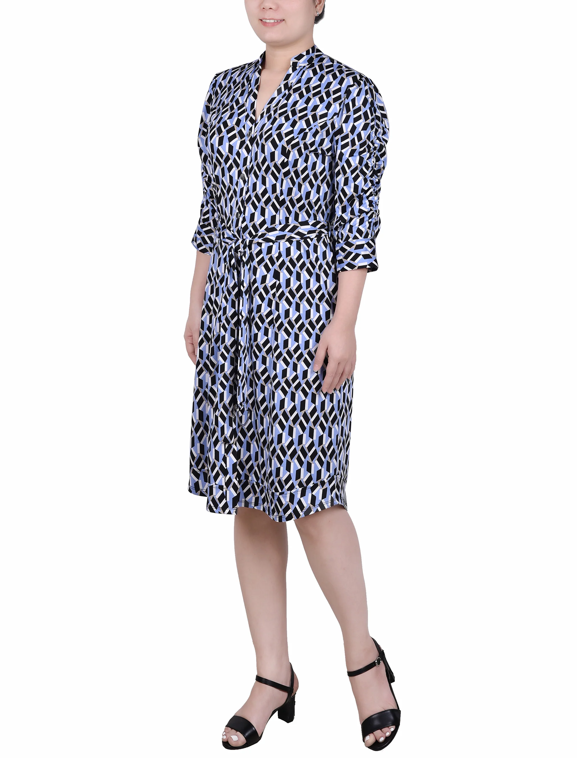 Serenity Blue Cubicrain Elbow Sleeve Y Neck Dress - Image 2