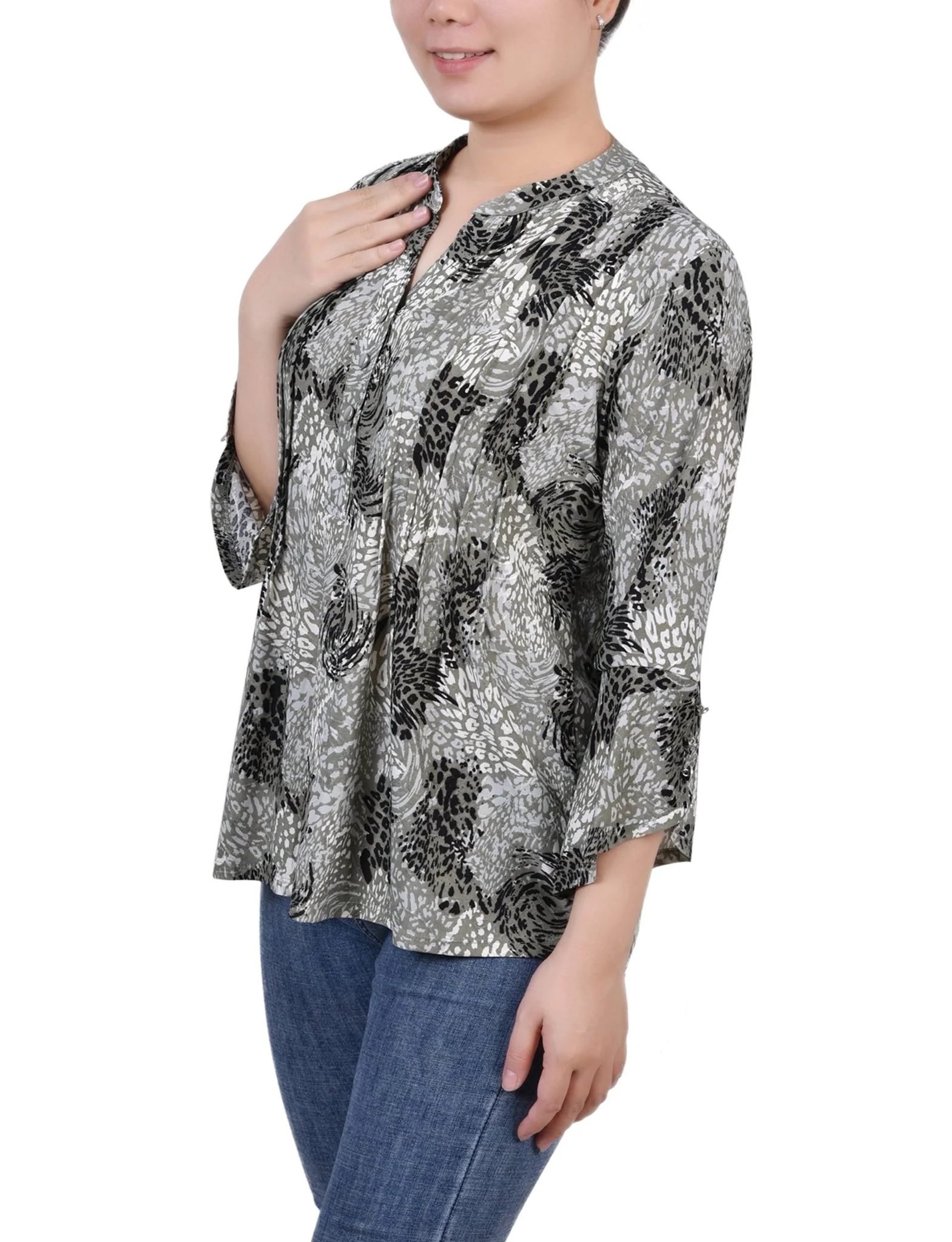 Shadow Black Animal 3/4 Sleeve Overlapped Bell Sleeve Y Neck Top - Petite - Image 2