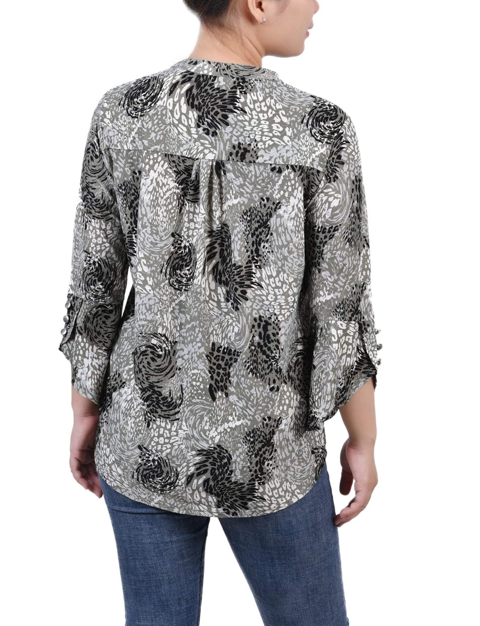 Shadow Black Animal 3/4 Sleeve Overlapped Bell Sleeve Y Neck Top - Petite - Image 4