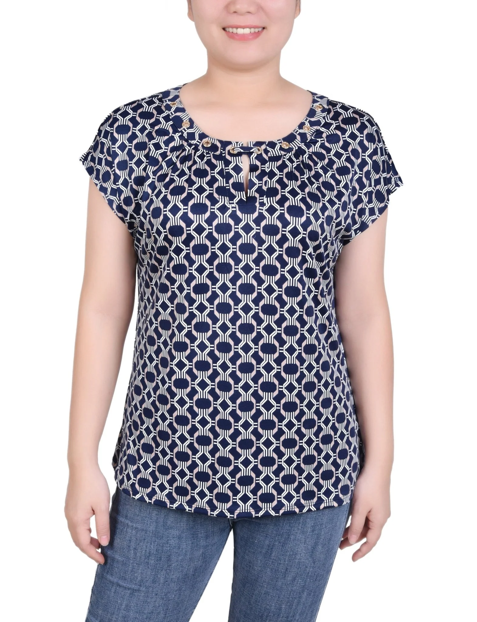 Short Extended-Sleeve Grommet Neck Knit Top - Petite - Image 13