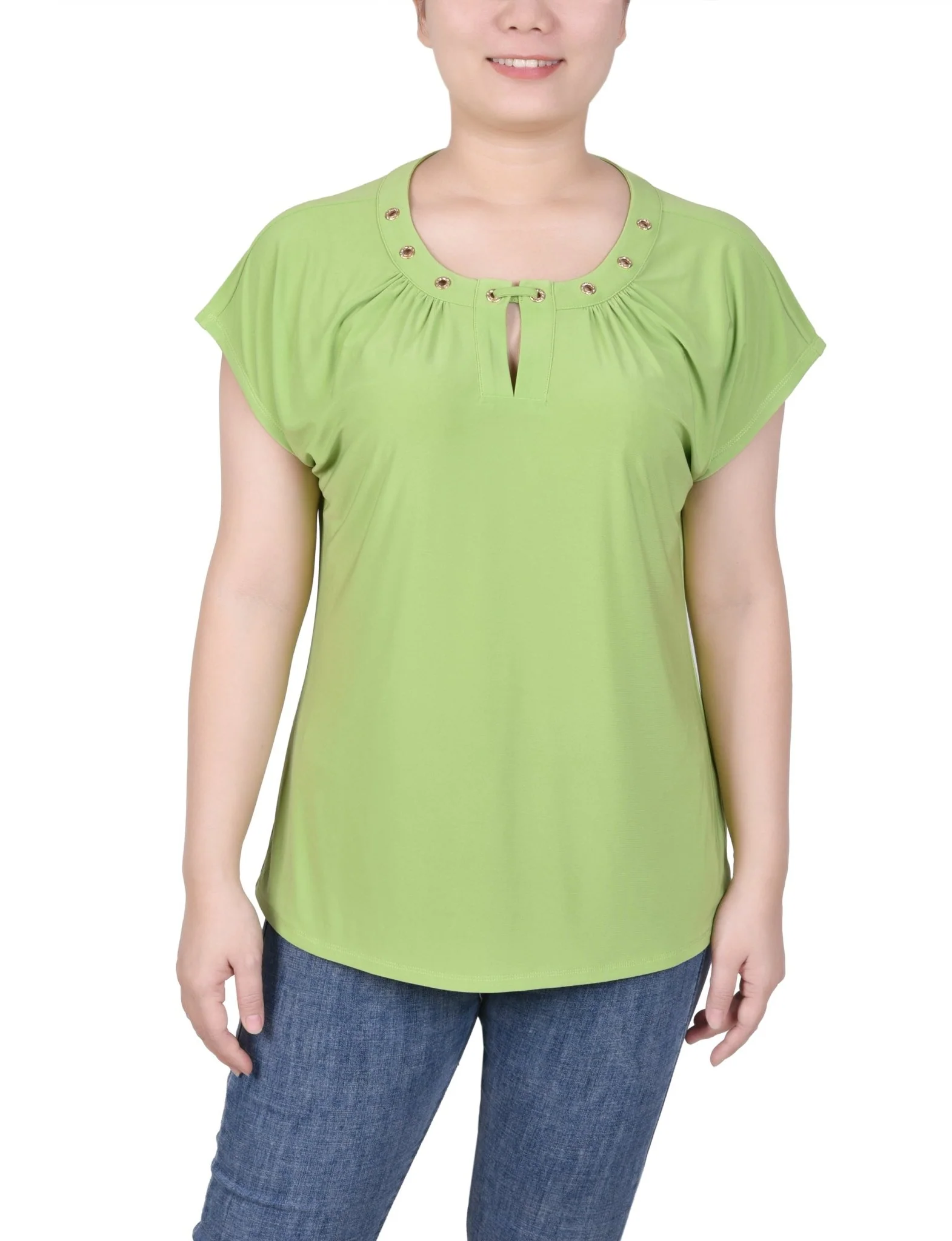Short Extended-Sleeve Grommet Neck Knit Top - Petite - Image 16