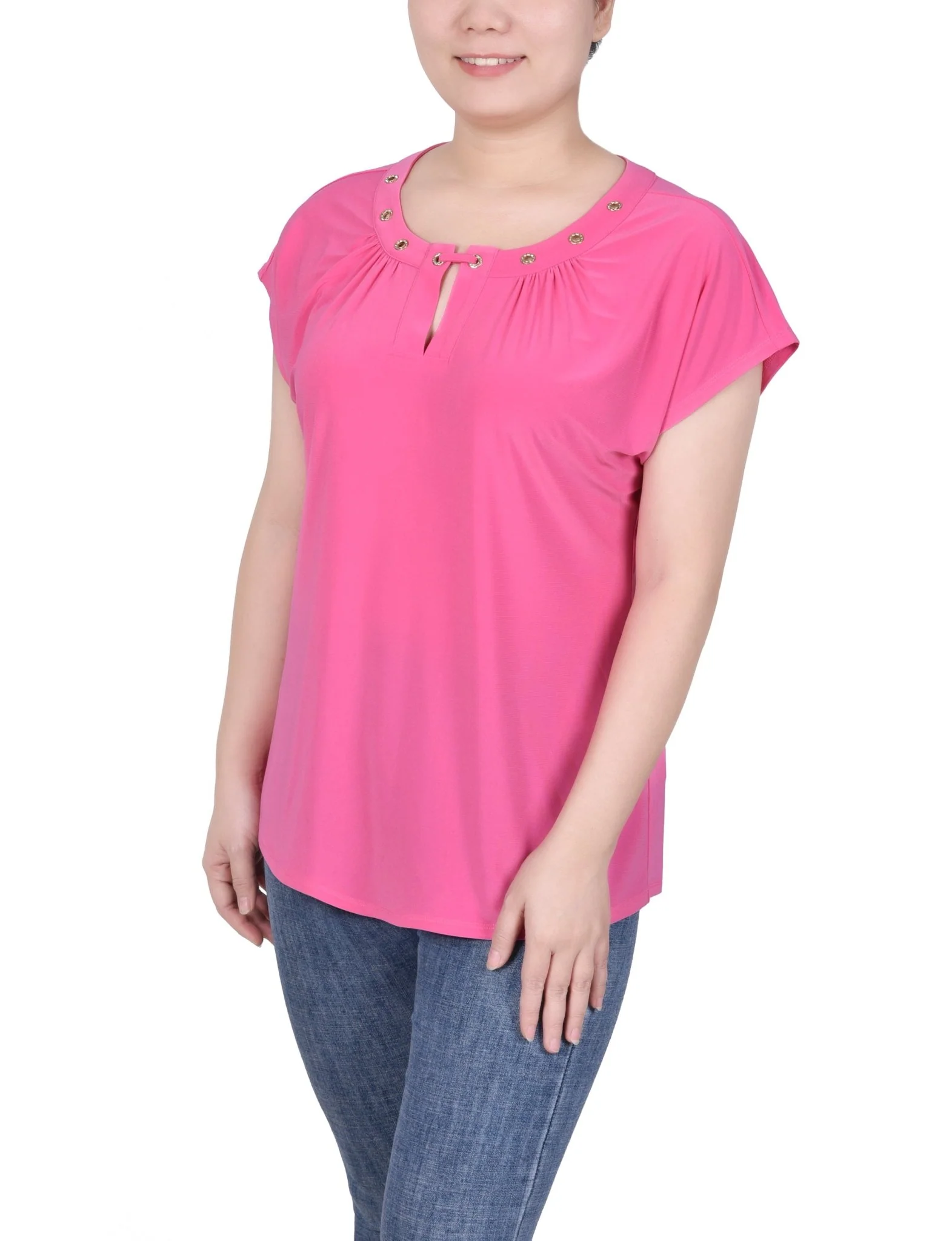 Short Extended-Sleeve Grommet Neck Knit Top - Petite - Image 20