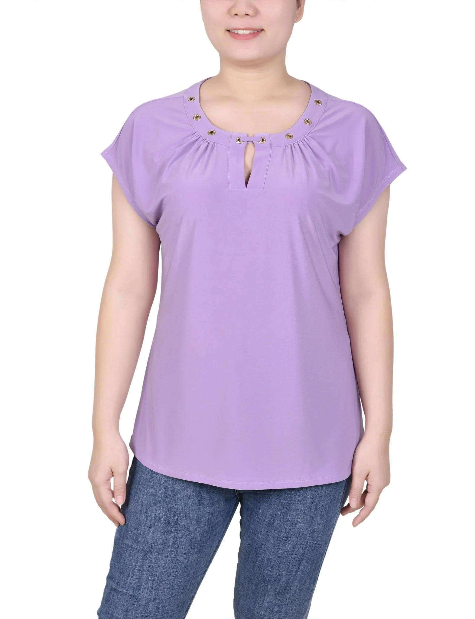 Short Extended-Sleeve Grommet Neck Knit Top - Petite - Image 22