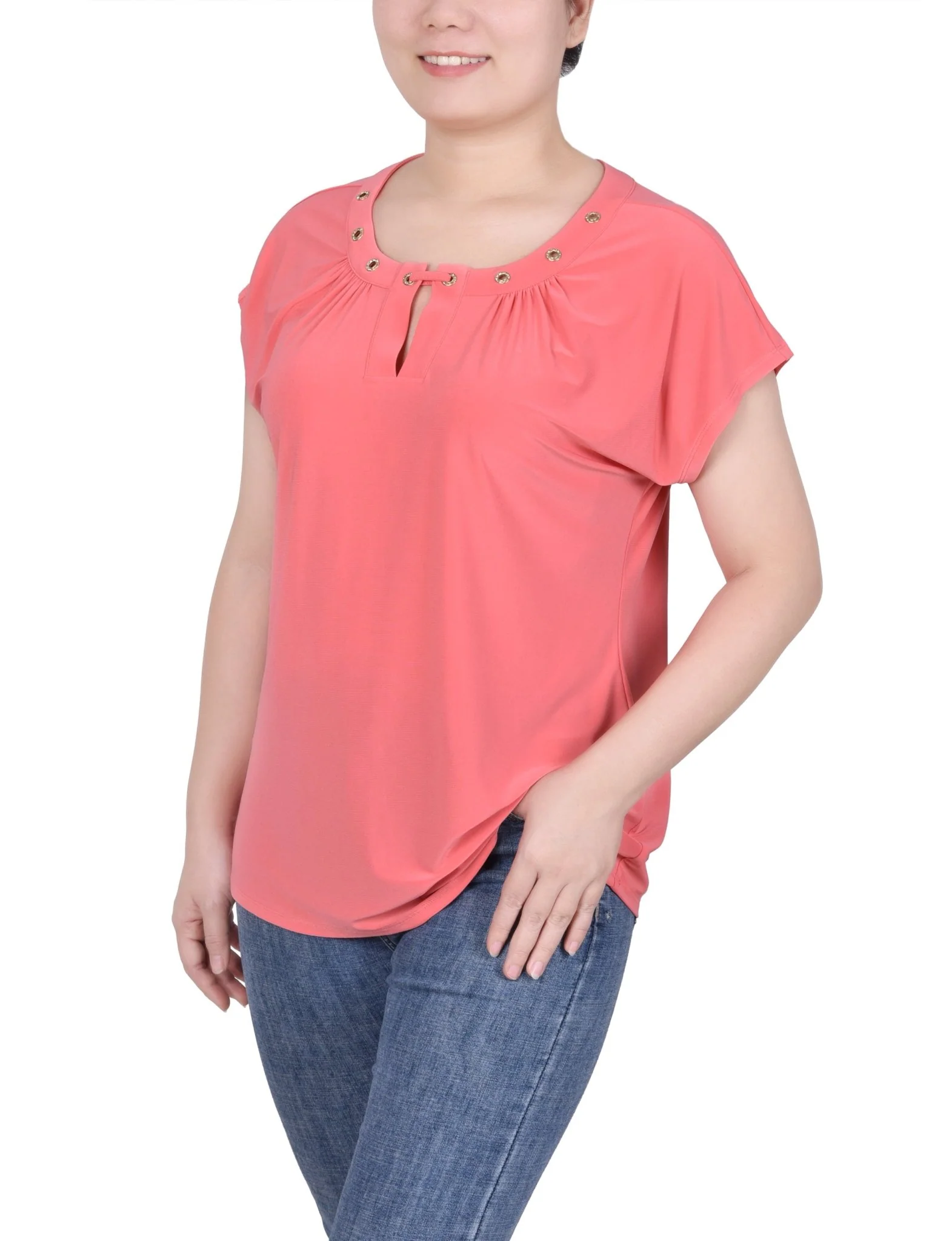 Short Extended-Sleeve Grommet Neck Knit Top - Petite - Image 26