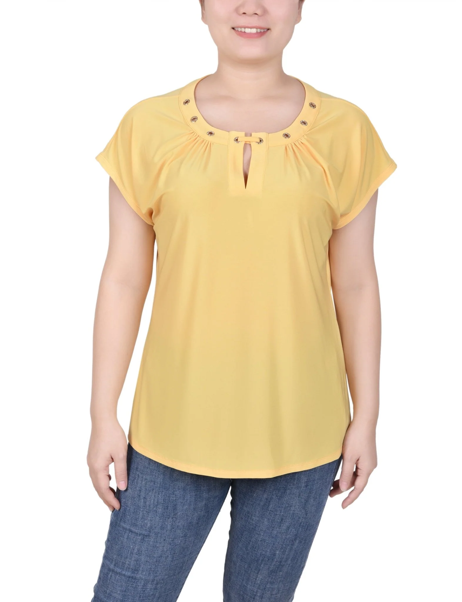Short Extended-Sleeve Grommet Neck Knit Top - Petite - Image 28