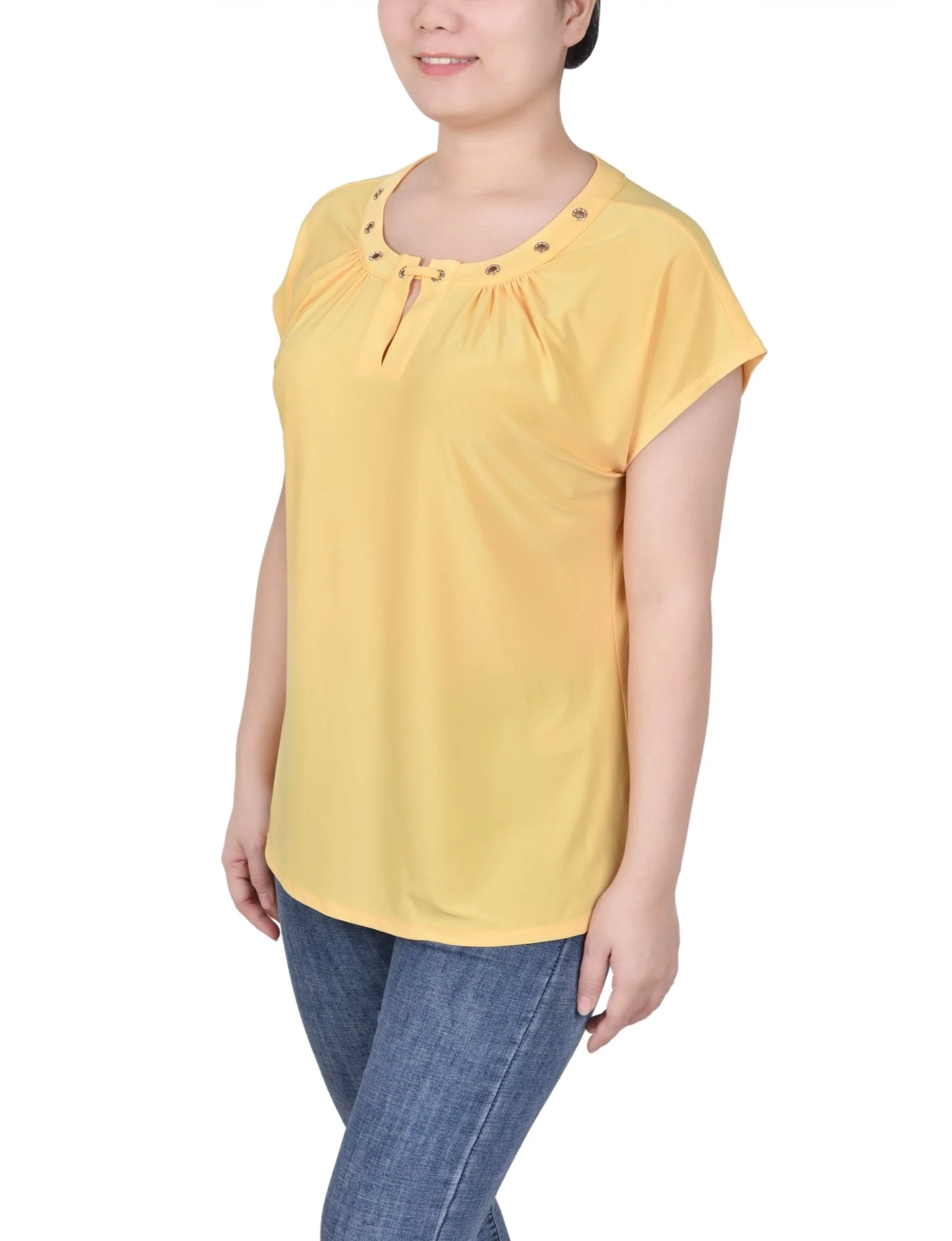 Short Extended-Sleeve Grommet Neck Knit Top - Petite - Image 29