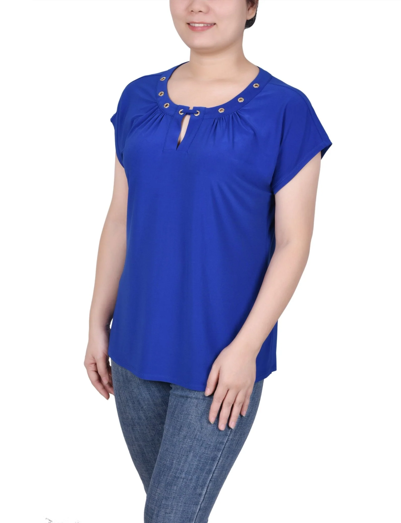 Short Extended-Sleeve Grommet Neck Knit Top - Petite - Image 35