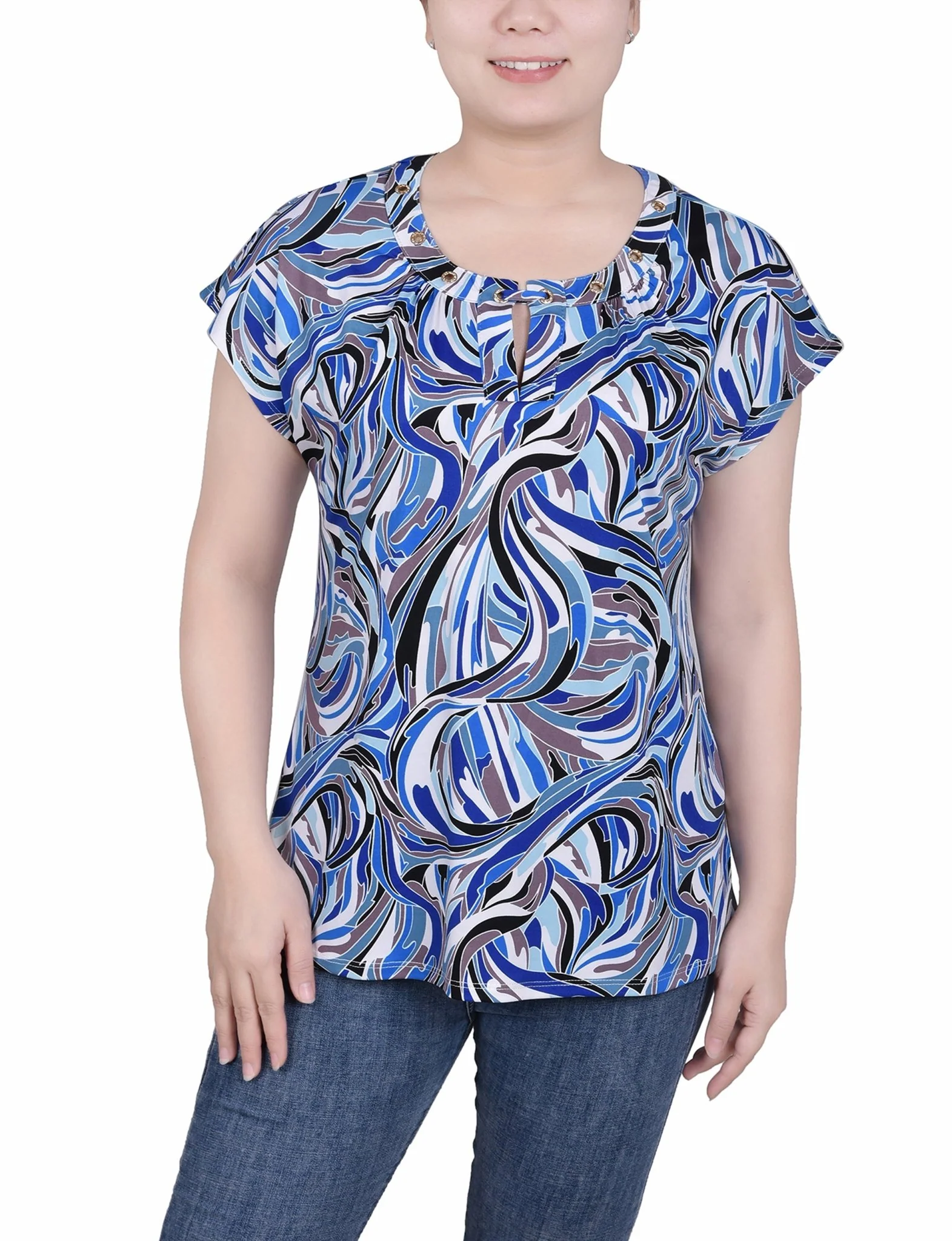 Short Extended-Sleeve Grommet Neck Knit Top - Petite - Image 37