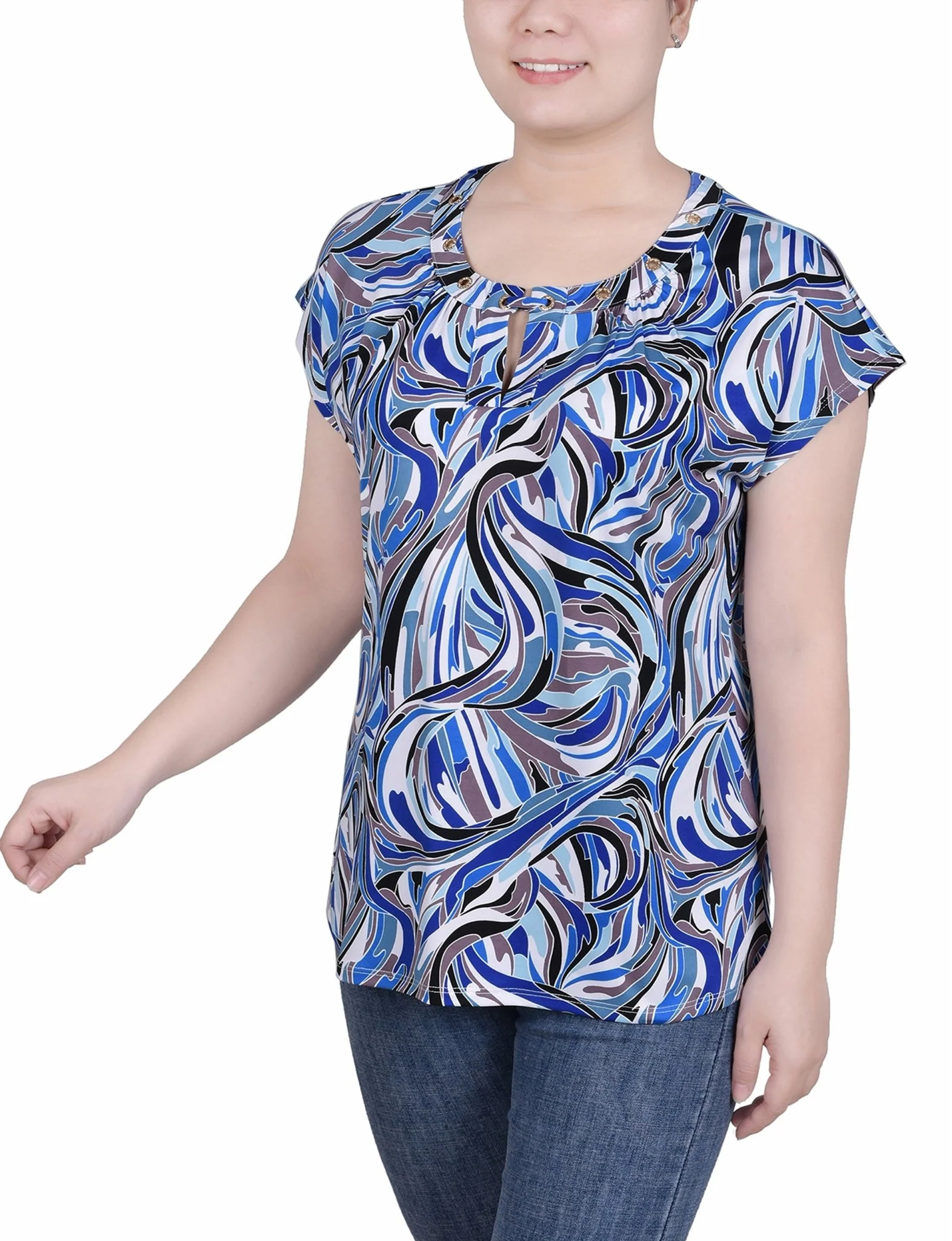 Short Extended-Sleeve Grommet Neck Knit Top - Petite - Image 38