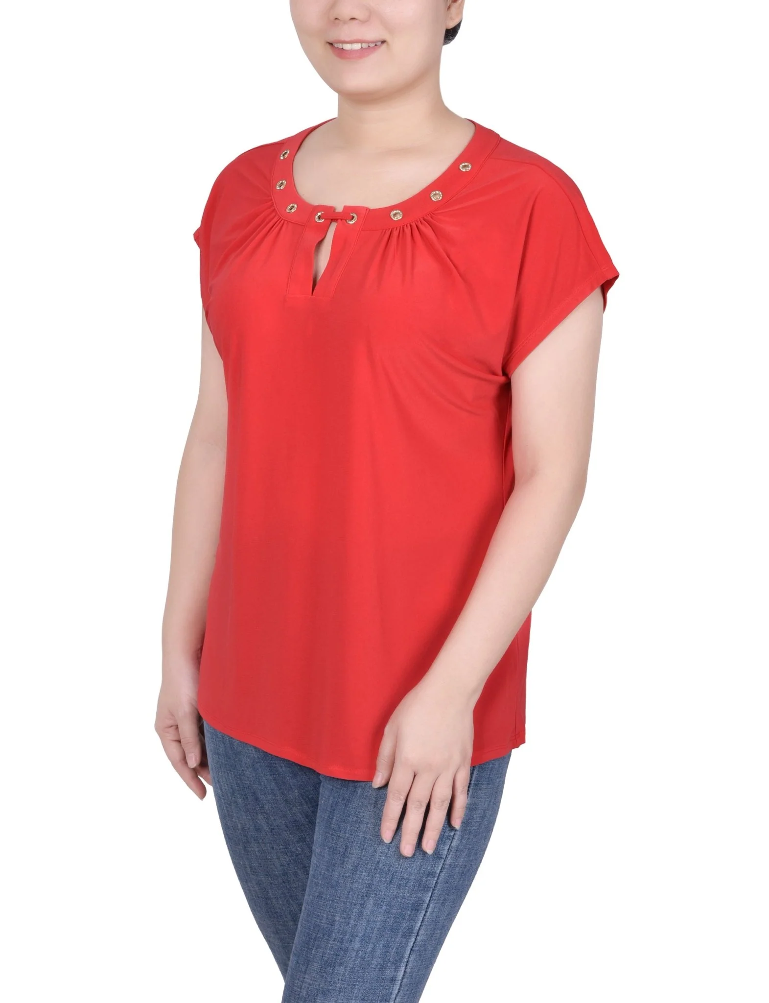Short Extended-Sleeve Grommet Neck Knit Top - Petite - Image 4