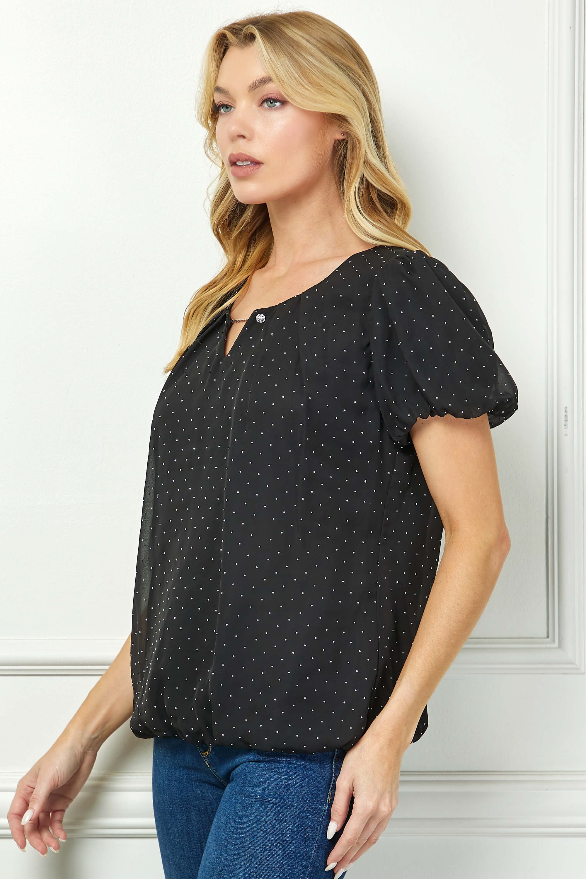 Short Puff Sleeve Cutout Neck Bubble Blouse in Black - Image 3