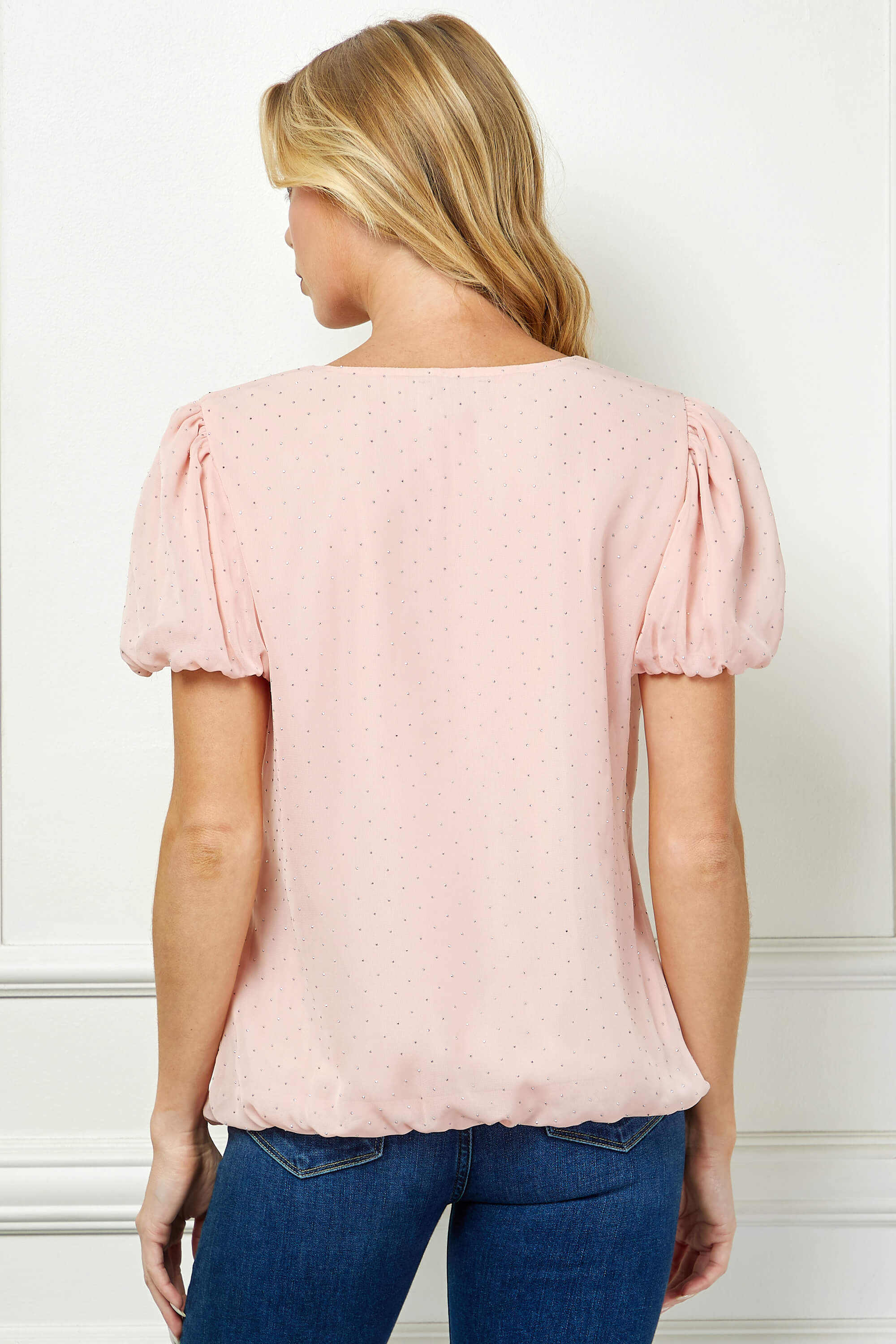 Short Puff Sleeve Cutout Neck Bubble Blouse in Peach - Image 4