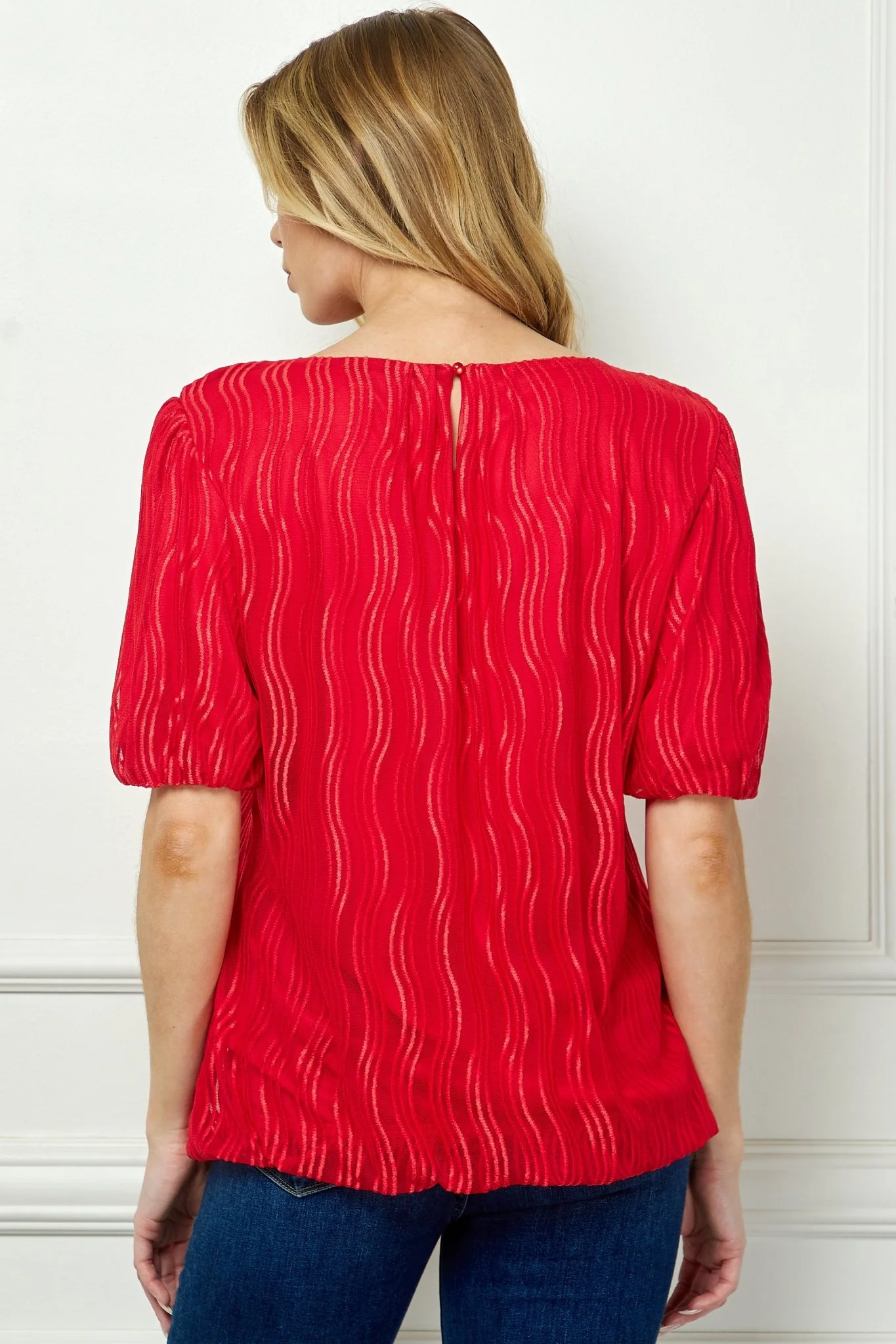 Short Puff Sleeve Scoop Neck Bubble Blouse - Image 4