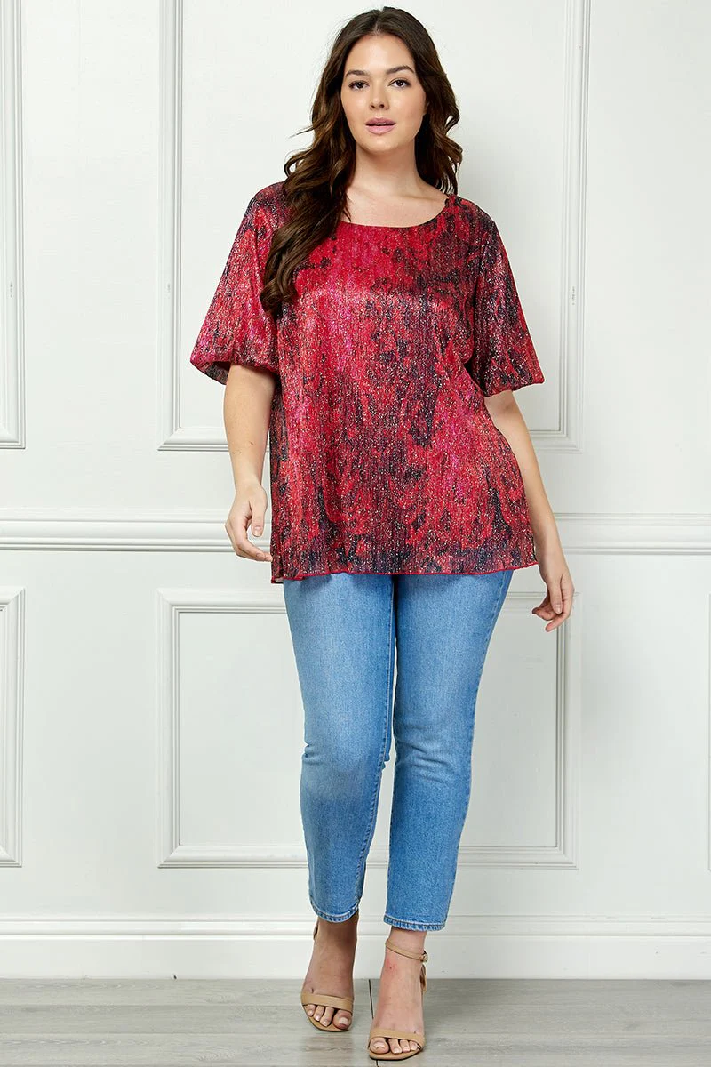 Short Puff Sleeve Scoop Neck Bubble Blouse- Blk/Burgundy/Red- Plus - Image 2