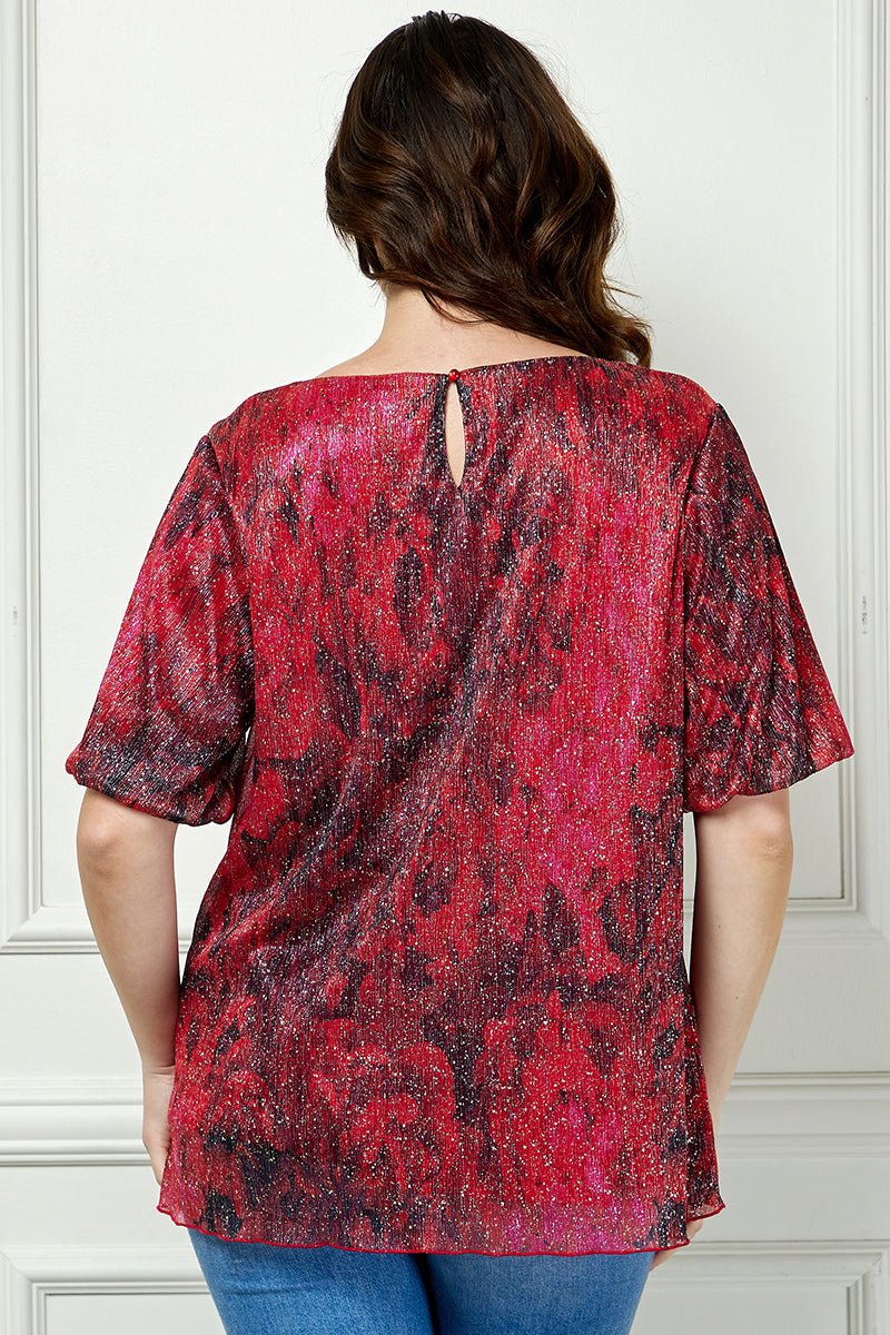 Short Puff Sleeve Scoop Neck Bubble Blouse- Blk/Burgundy/Red- Plus - Image 4