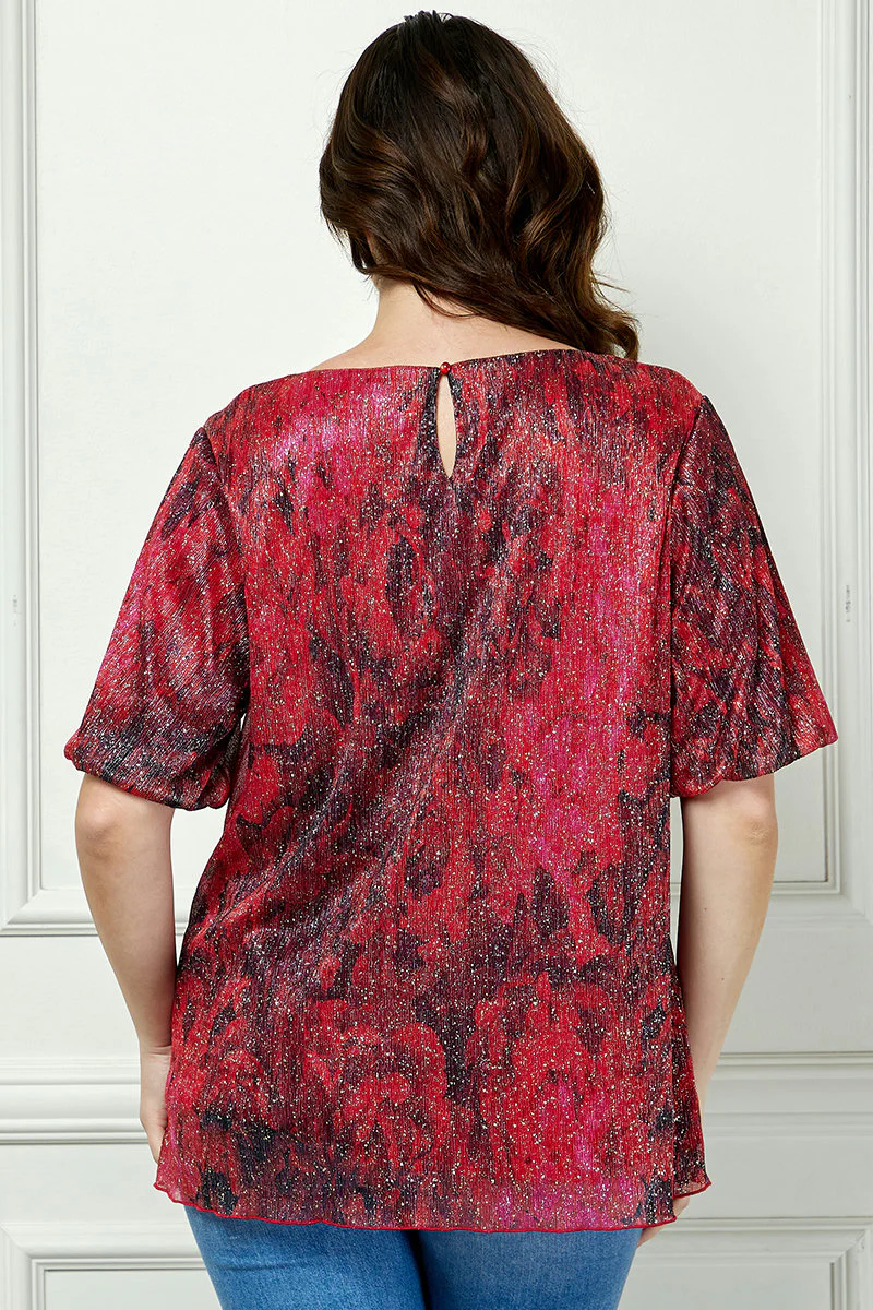Short Puff Sleeve Scoop Neck Keyhole Back Blouse in Burgundy - Plus - Image 2