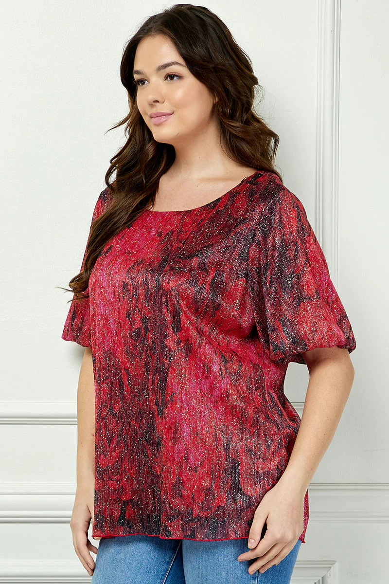 Short Puff Sleeve Scoop Neck Keyhole Back Blouse in Burgundy - Plus - Image 3