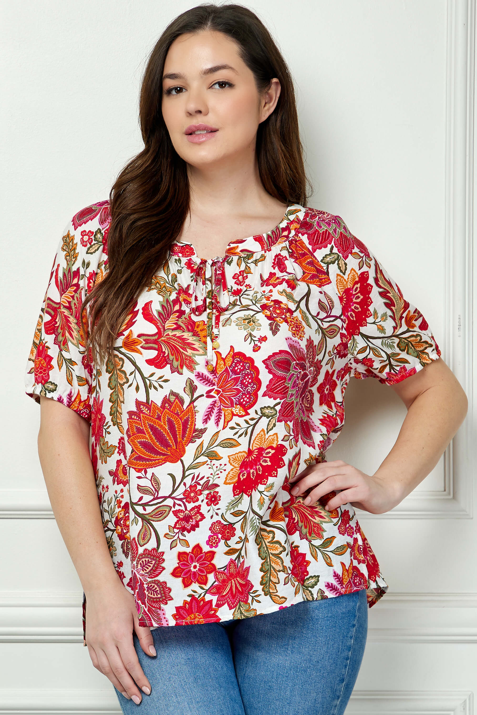 Short Sleeve Beaded Tie Neck Mandarin Collar Blouse in Ivory - Plus - Image 2