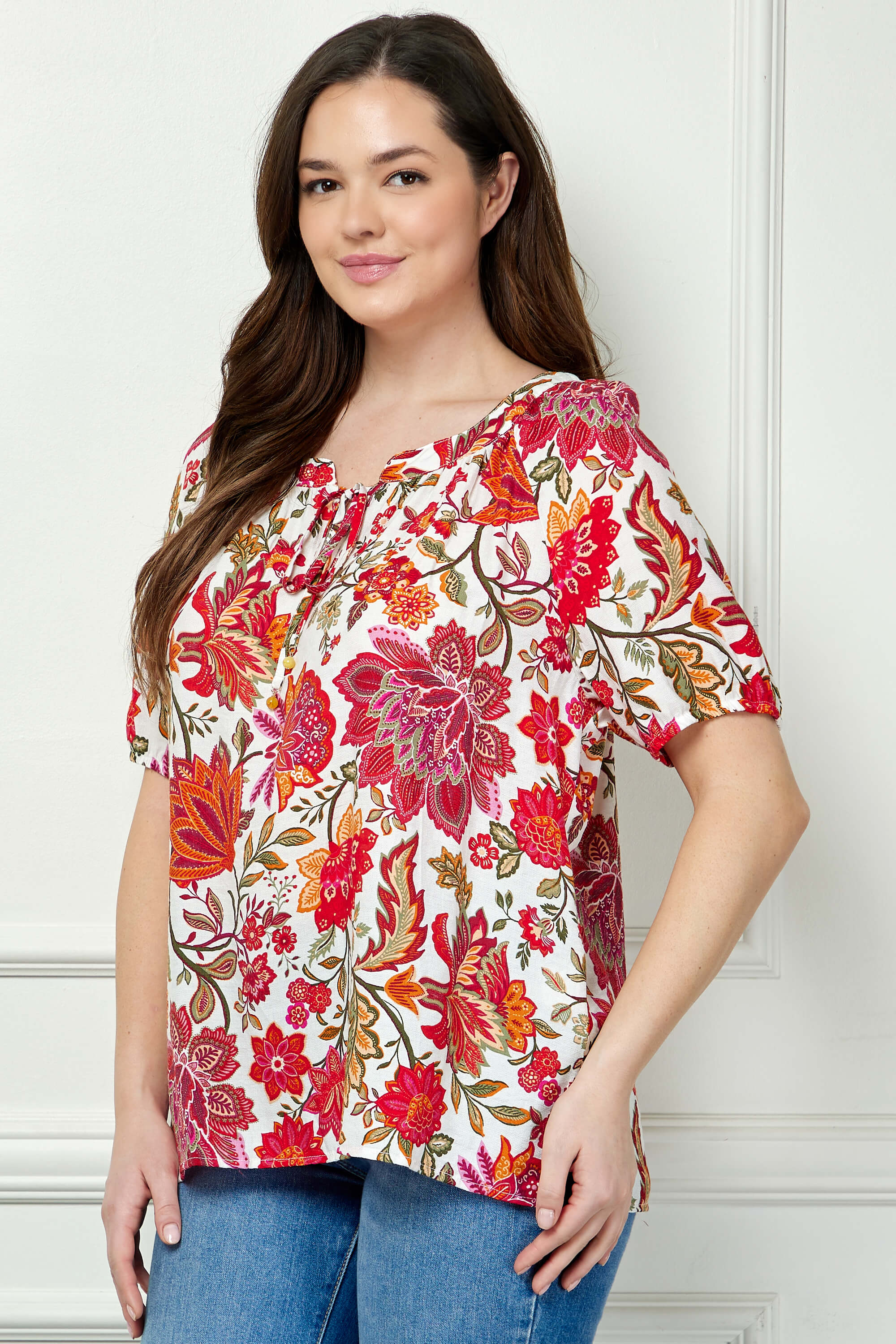 Short Sleeve Beaded Tie Neck Mandarin Collar Blouse in Ivory - Plus - Image 3