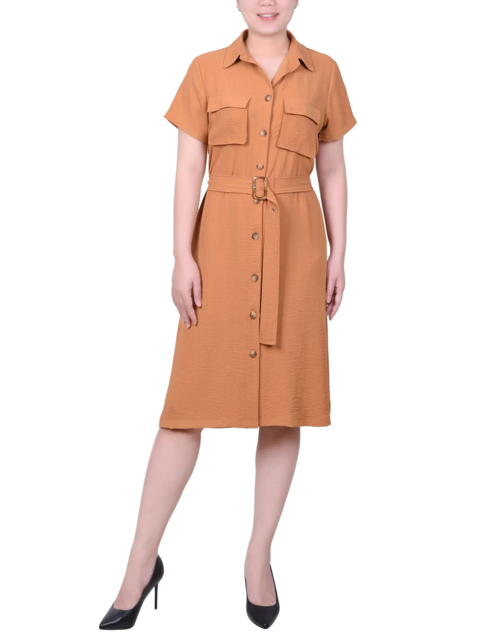Short Sleeve Belted Shirtdress - Petite - Image 5