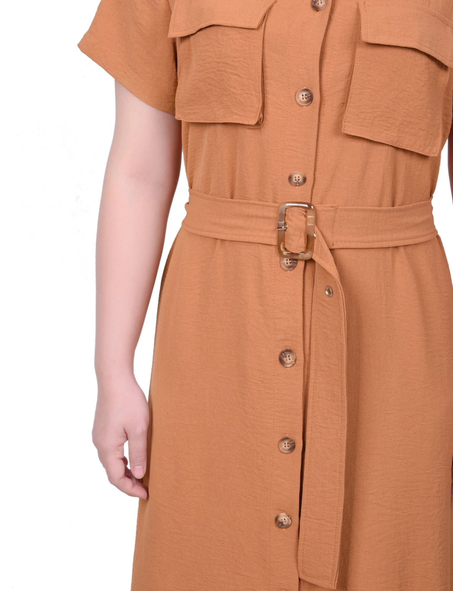 Short Sleeve Belted Shirtdress - Petite - Image 7