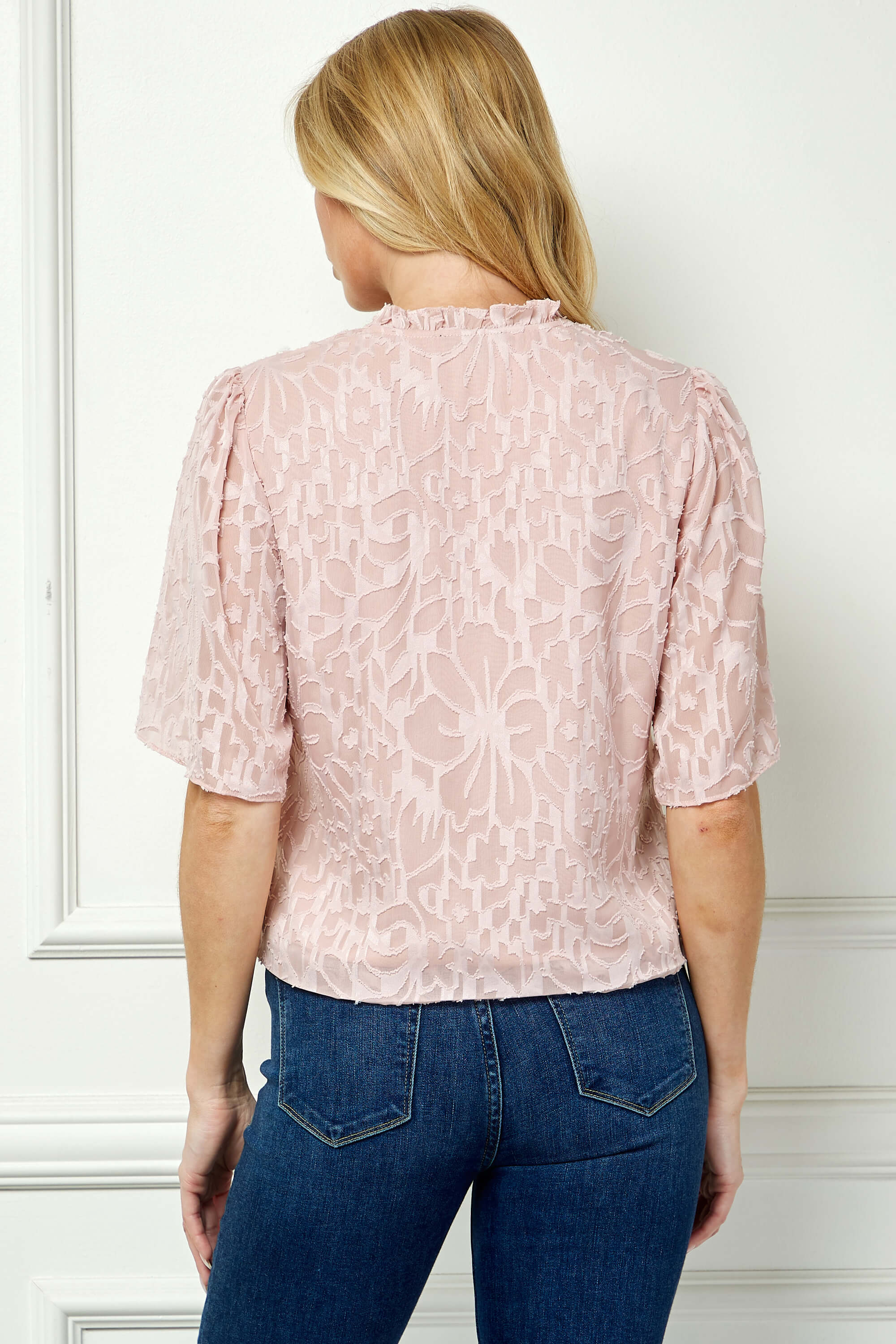 Short Sleeve V-Ruffle Neck Tie Front Blouse in Blush - Image 4