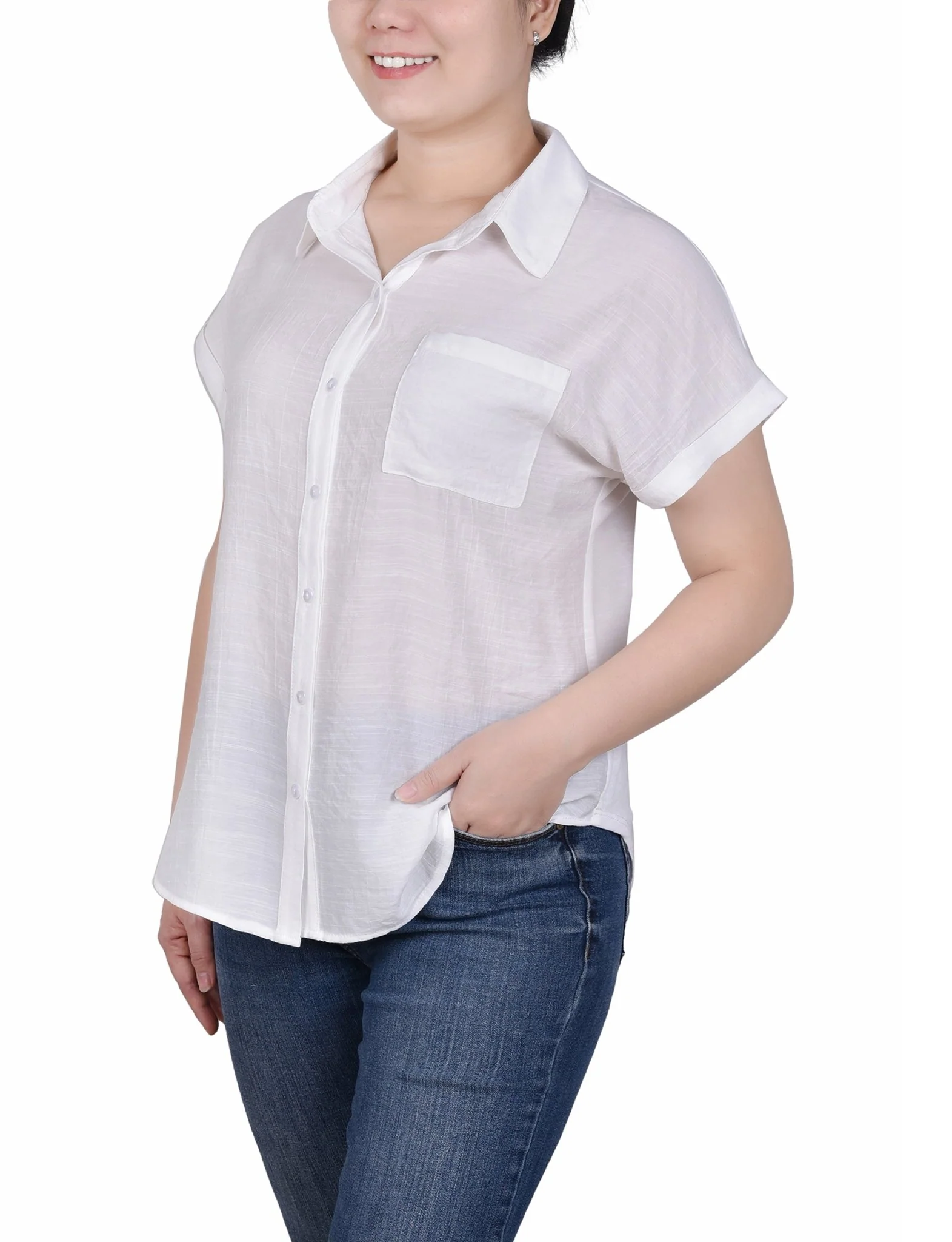 Short Sleeve Woven Front/Jersey Back Blouse - Petite - Image 2