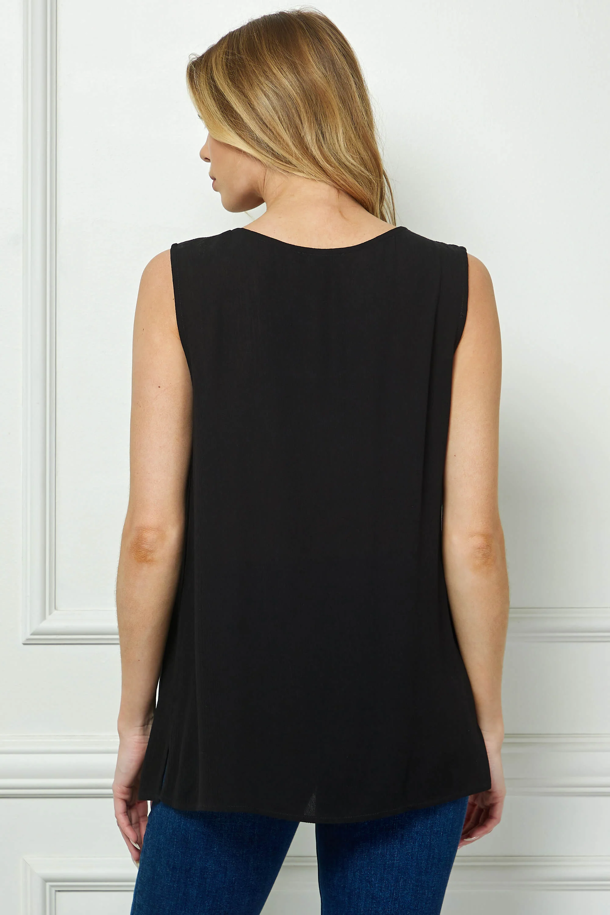 Sleeveless Embroidered Yoke Split Neck Blouse in Black - Image 4