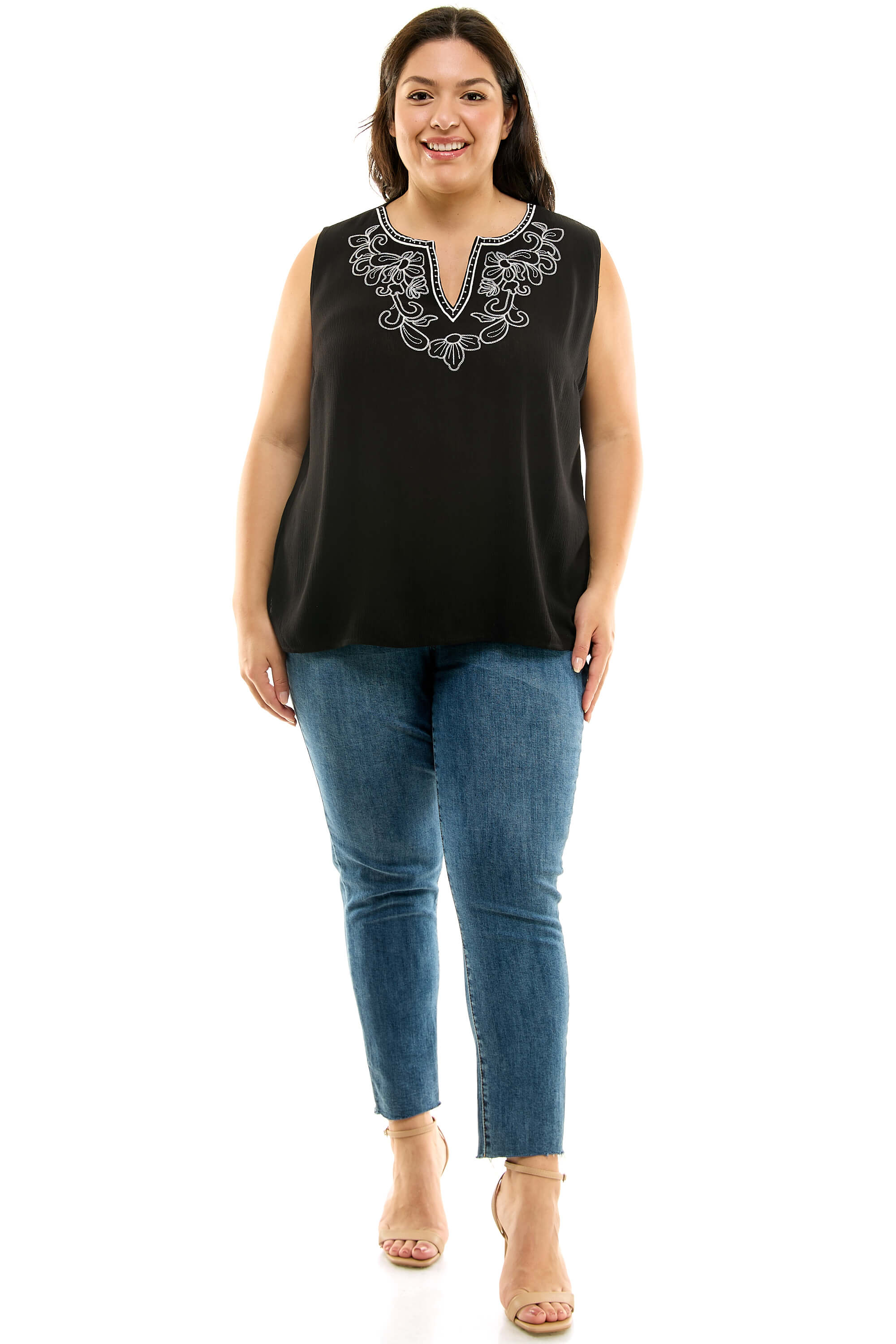 Sleeveless Embroidered Yoke Split Neck Blouse in Black - Plus - Image 2