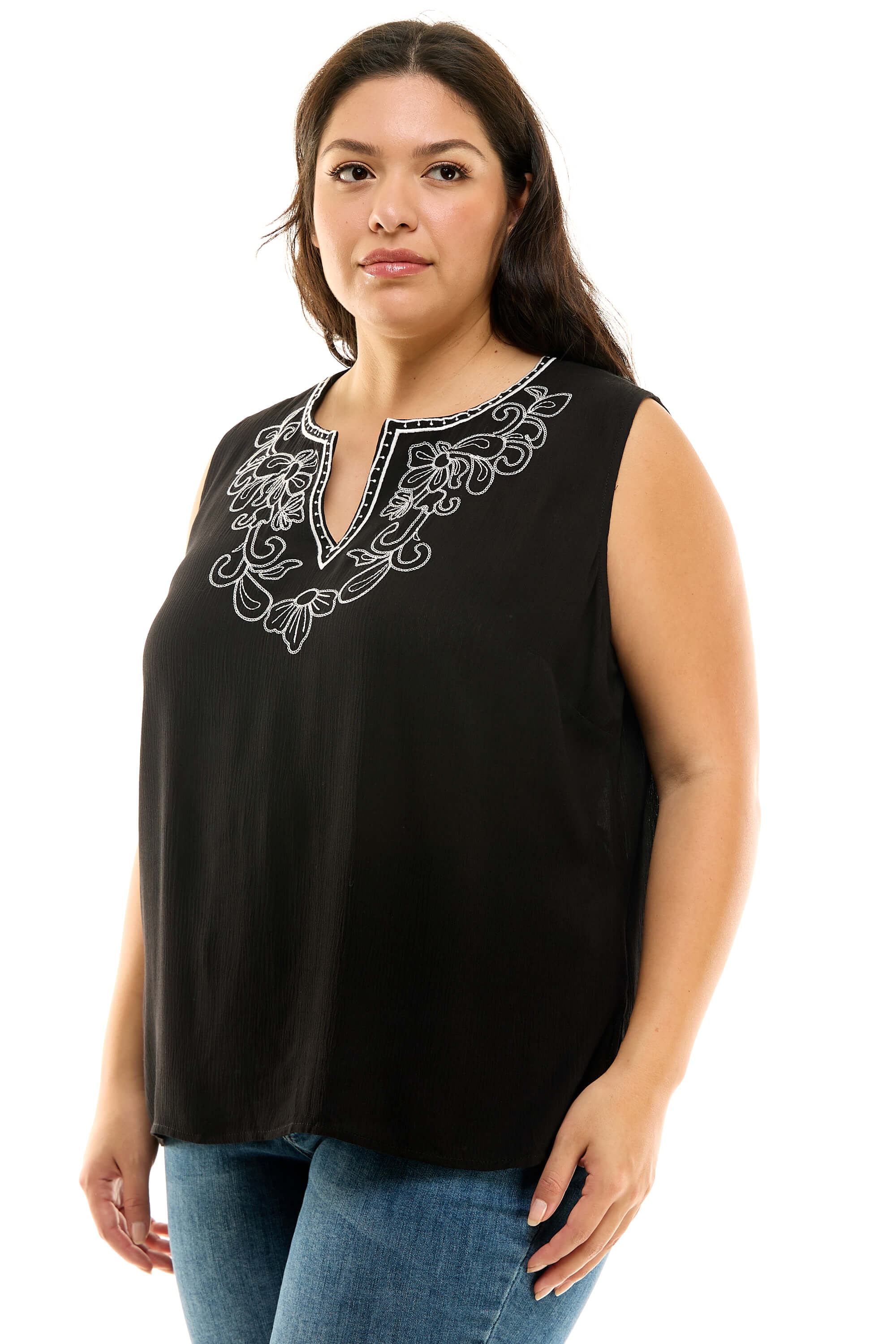 Sleeveless Embroidered Yoke Split Neck Blouse in Black - Plus - Image 3