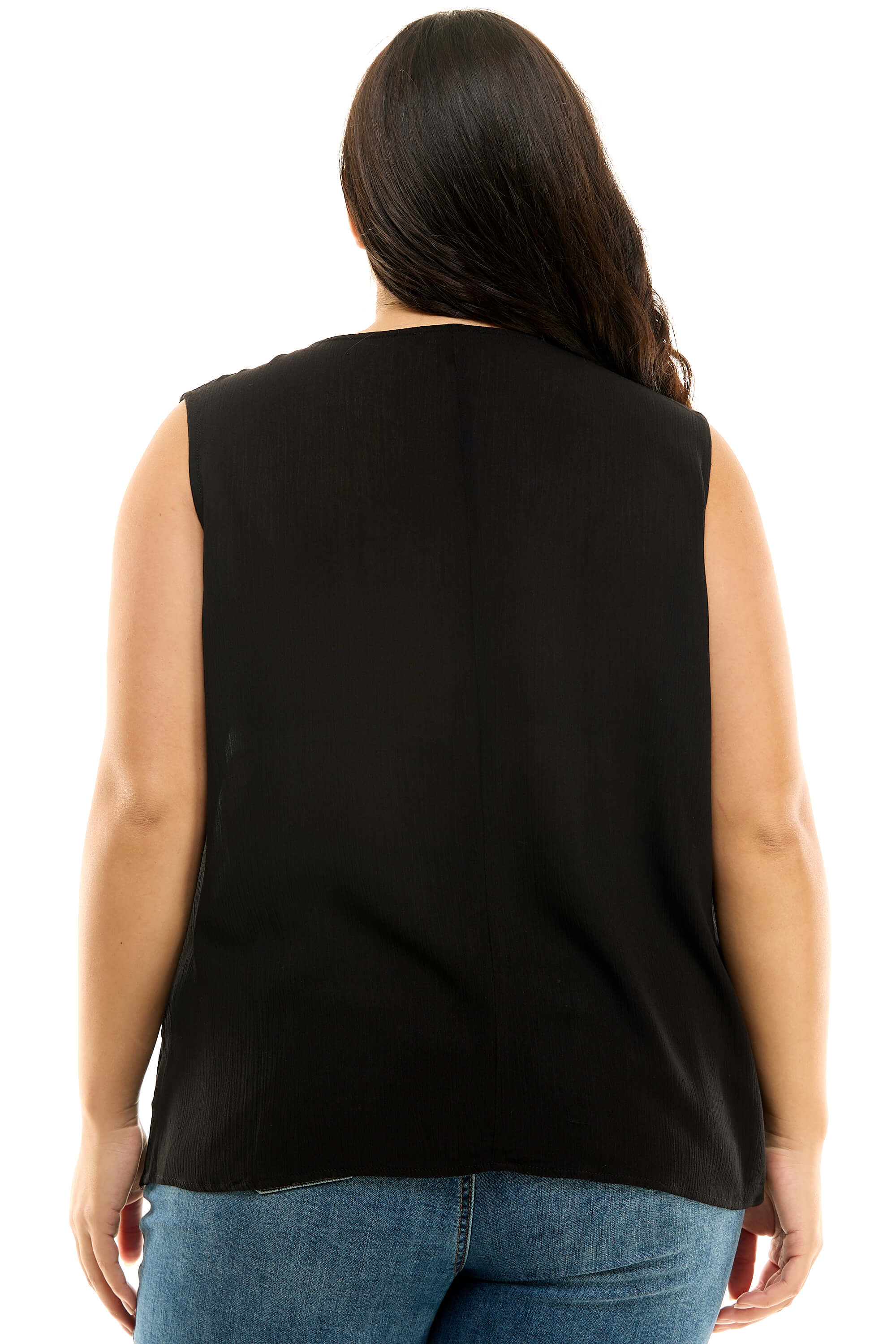 Sleeveless Embroidered Yoke Split Neck Blouse in Black - Plus - Image 4