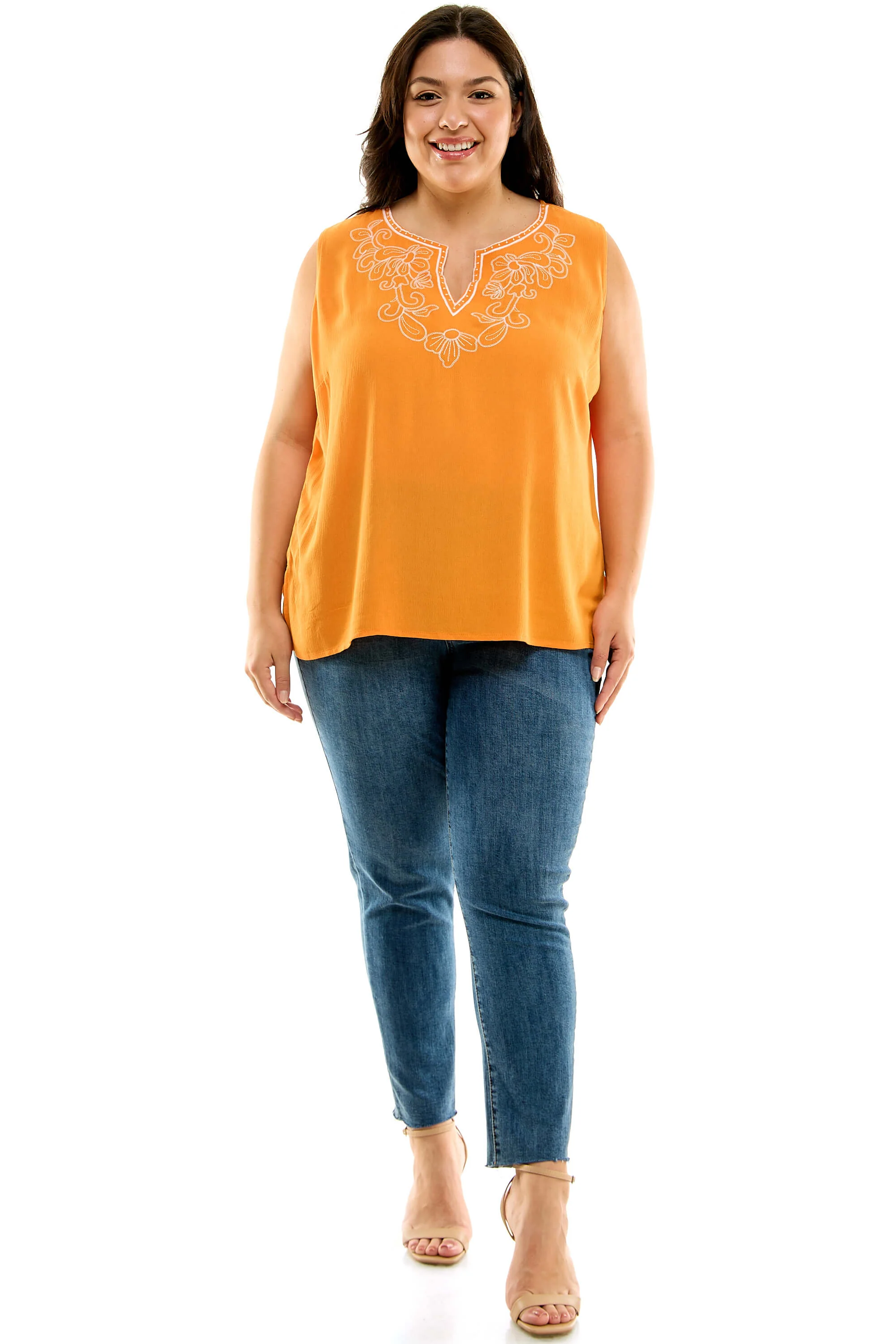 Sleeveless Embroidered Yoke Split Neck Blouse in Orange - Plus - Image 2