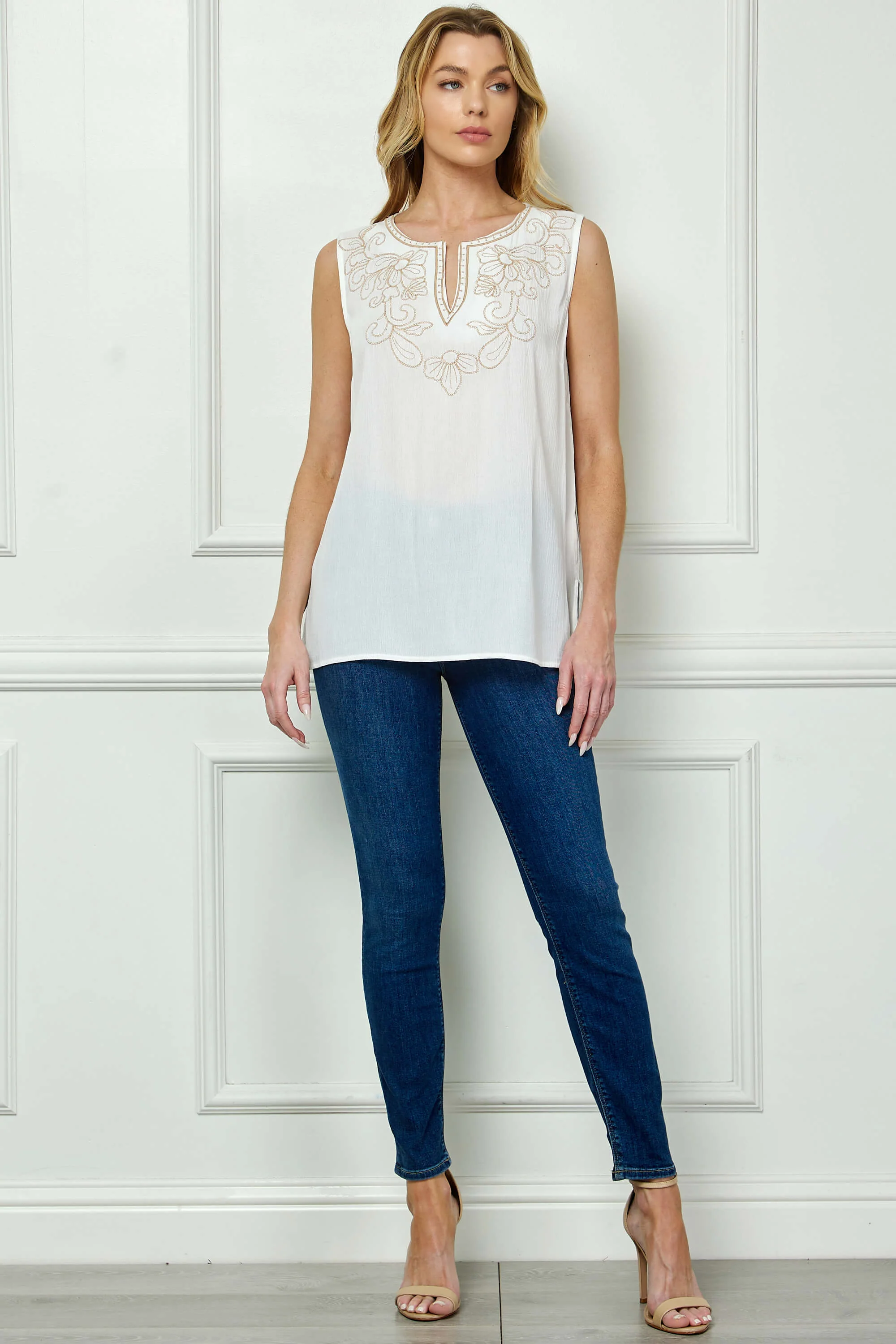 Sleeveless Embroidered Yoke Split Neck Blouse in White - Image 2