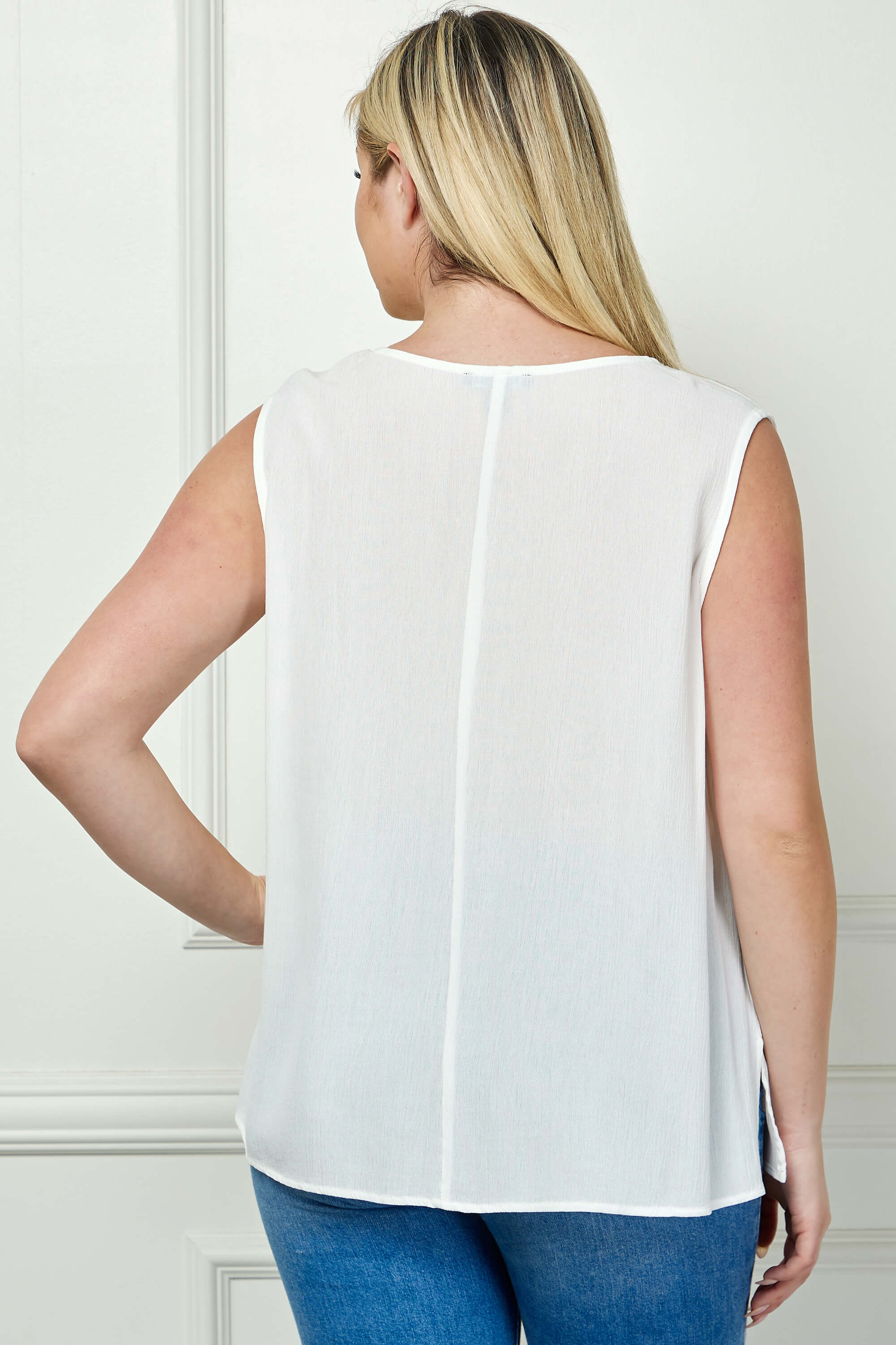Sleeveless Embroidered Yoke Split Neck Blouse in White  - Plus - Image 4
