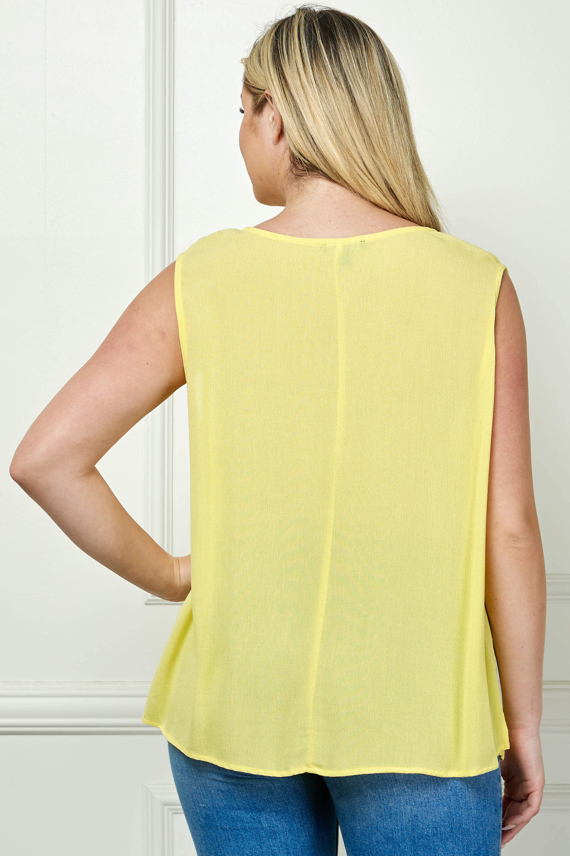 Sleeveless Embroidered Yoke Split Neck Blouse in Yellow - Plus - Image 4