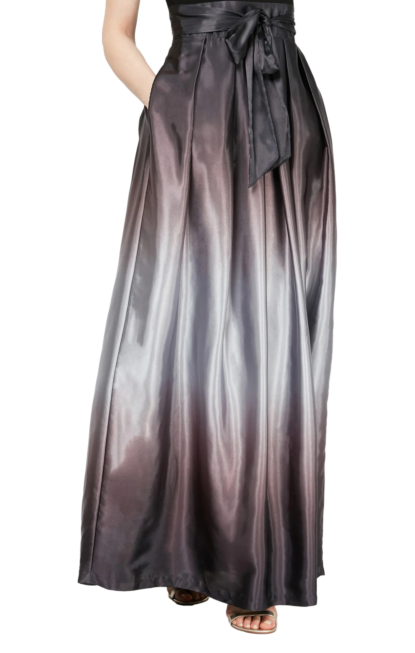Sleeveless Gown with Satin Ombre Skirt & Tie Belt - Black Silver - Petite - Image 3