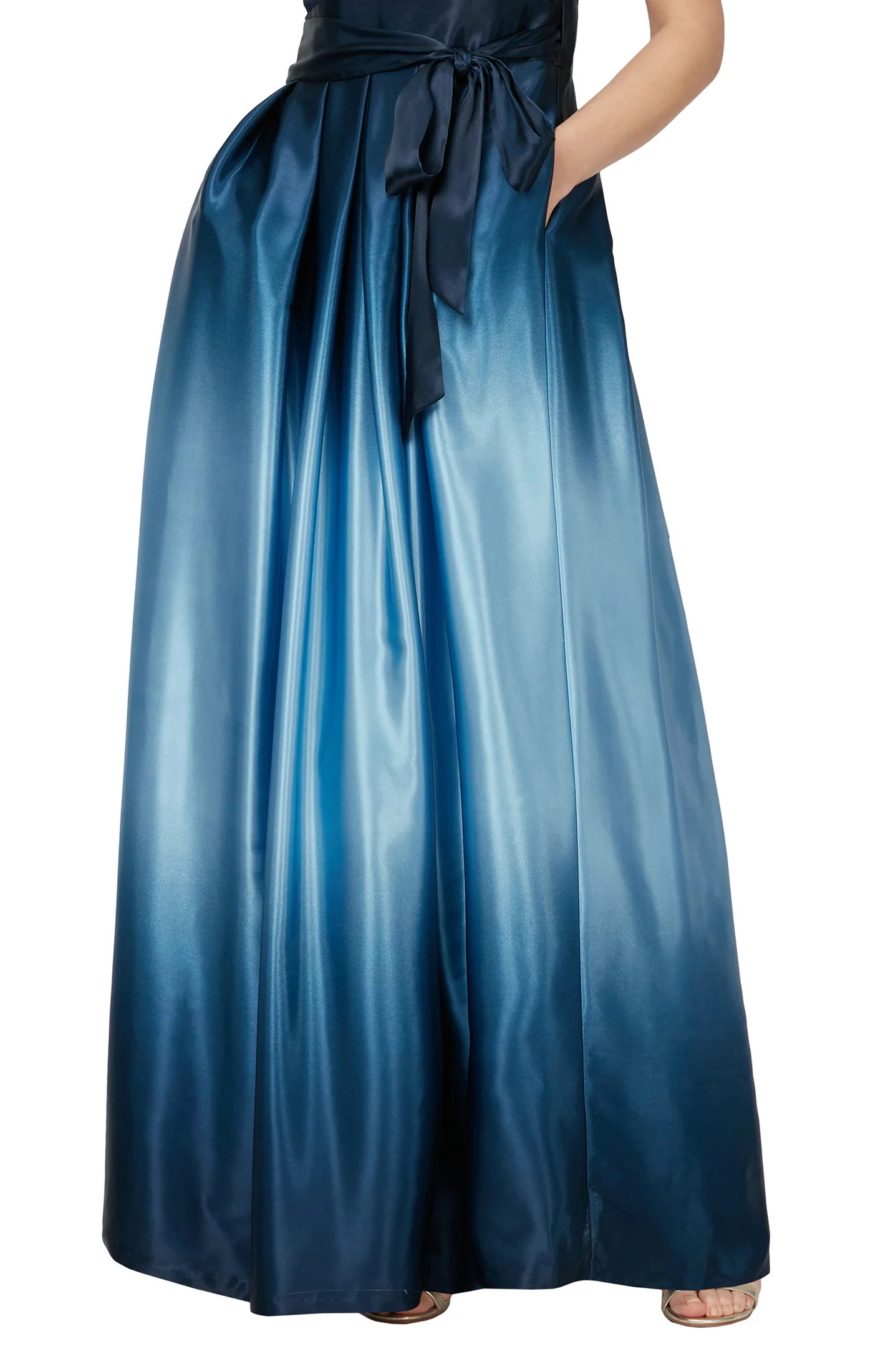 Sleeveless Gown with Satin Ombre Skirt & Tie Belt - Navy - Image 3