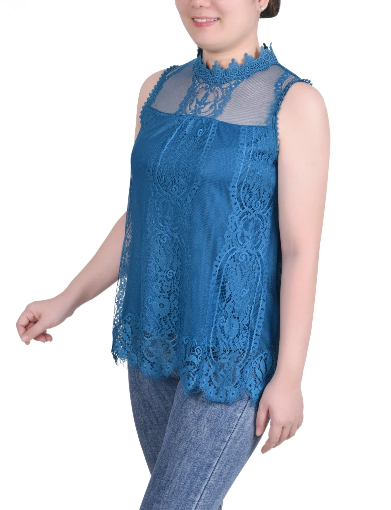 Sleeveless Mock Neck Lace Top - Petite - Image 10