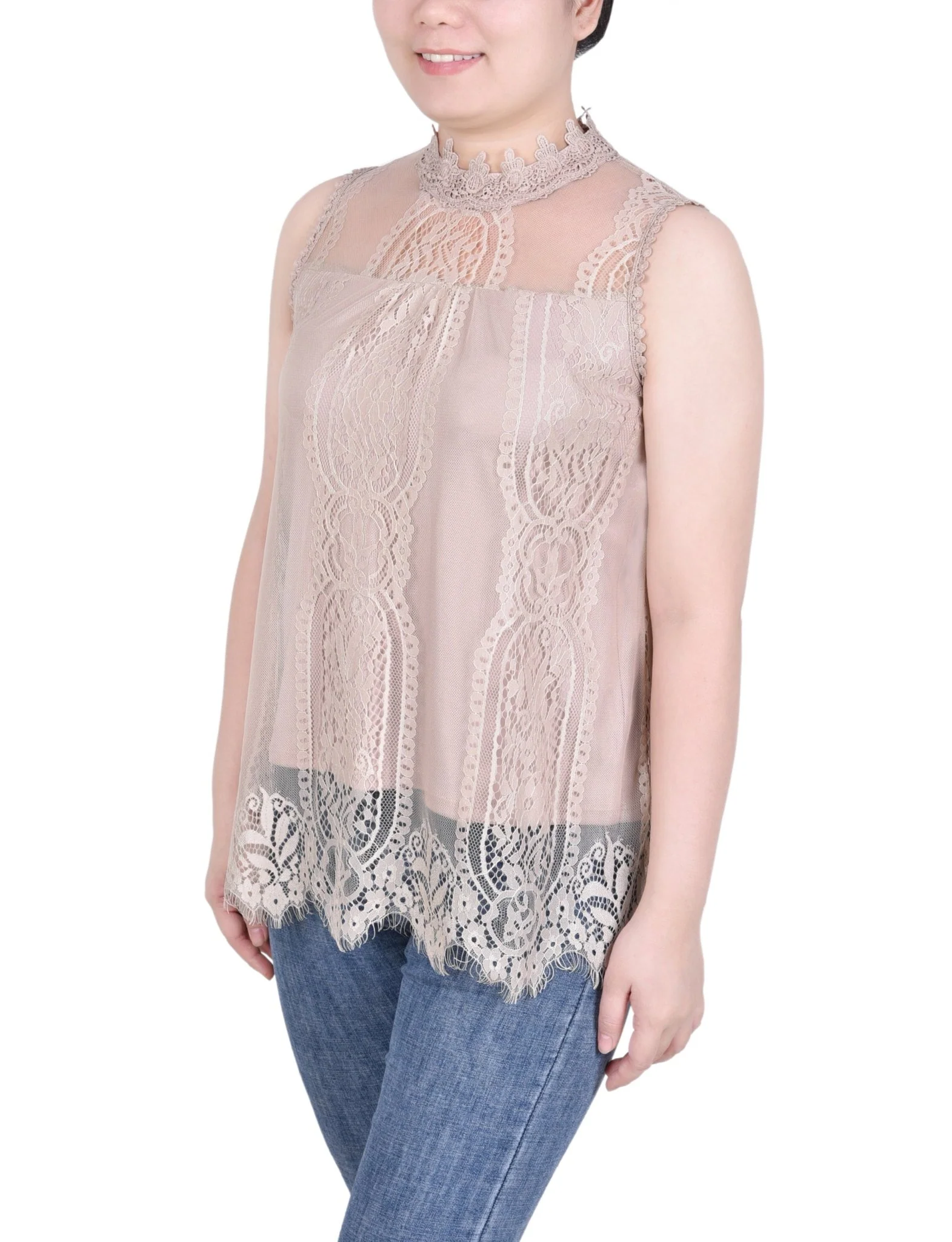 Sleeveless Mock Neck Lace Top - Petite - Image 6