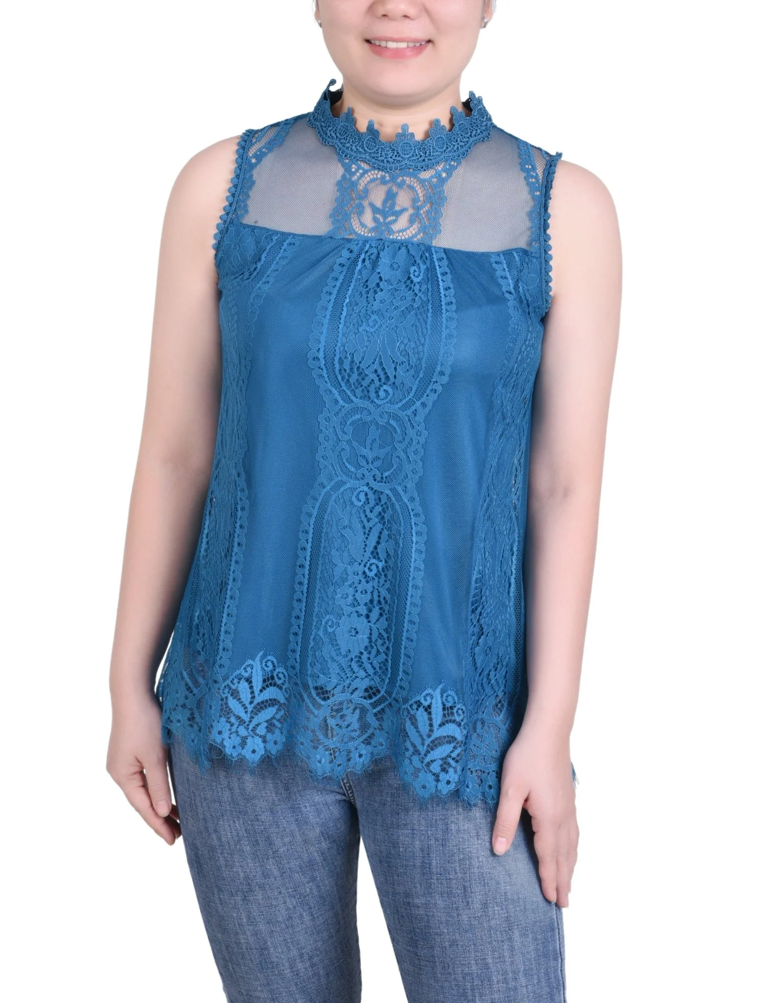 Sleeveless Mock Neck Lace Top - Petite - Image 9